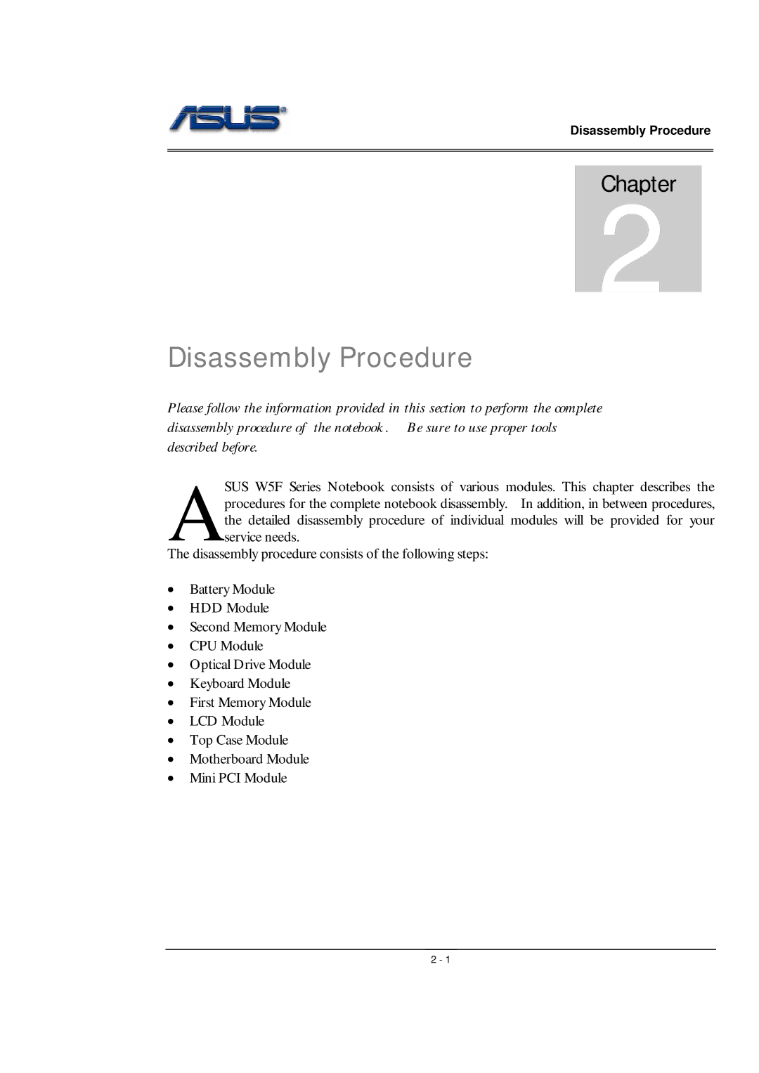 Asus WSF manual Disassembly Procedure 