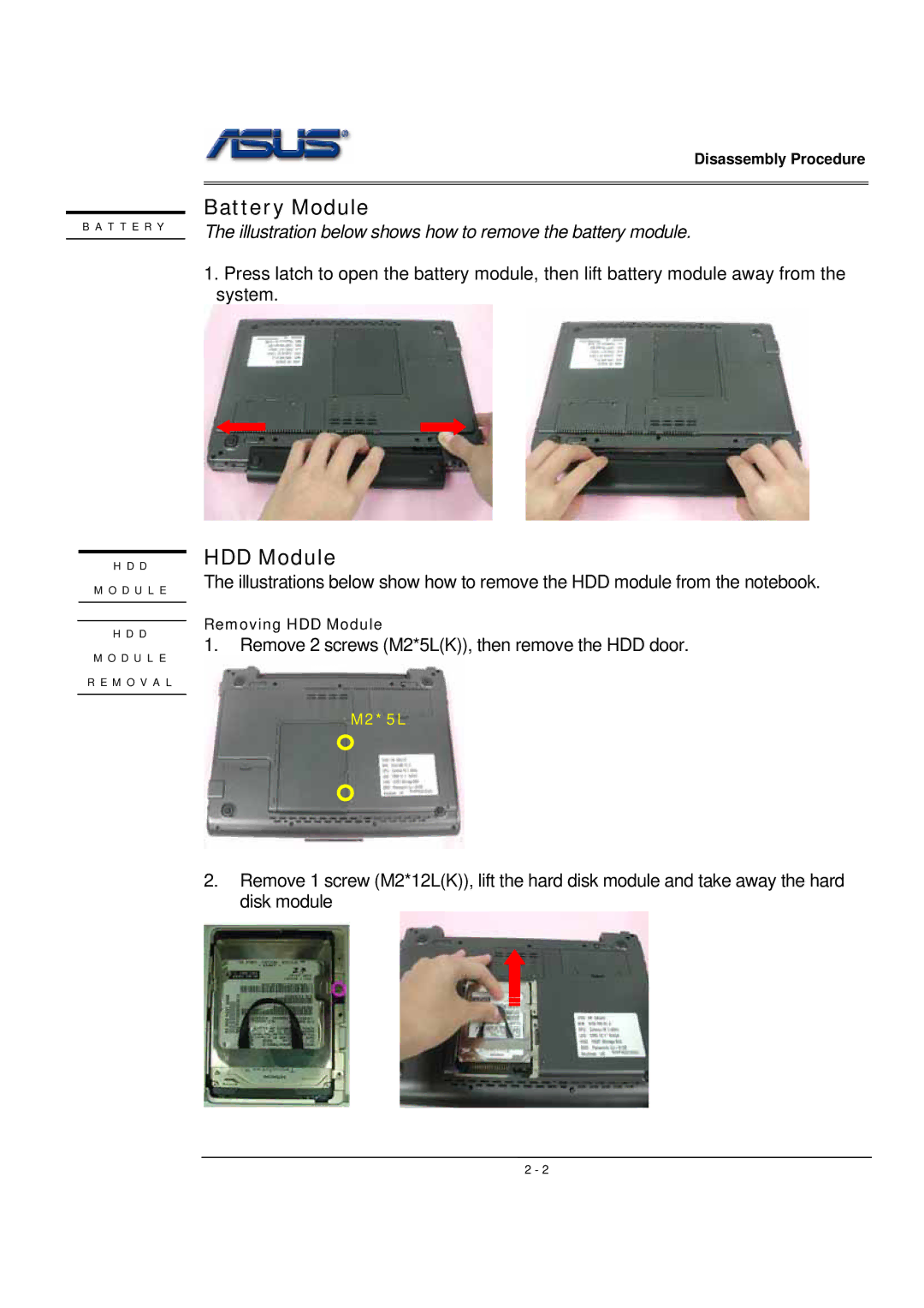 Asus WSF manual Battery Module, HDD Module 