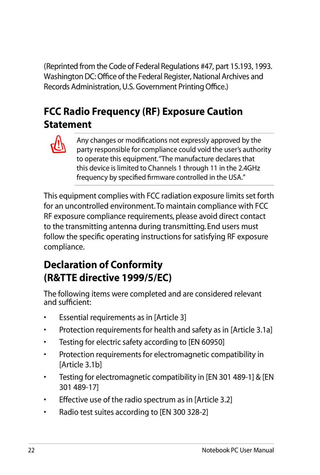 Asus X53EXR3 FCC Radio Frequency RF Exposure Caution Statement, Declaration of Conformity R&TTE directive 1999/5/EC 