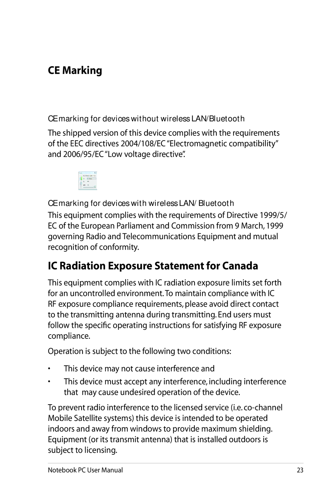 Asus X53ERS51, X201EDH01, R503C-RS31, N53SM-DS71, K84L-7KVX, X53UXR2 CE Marking, IC Radiation Exposure Statement for Canada 