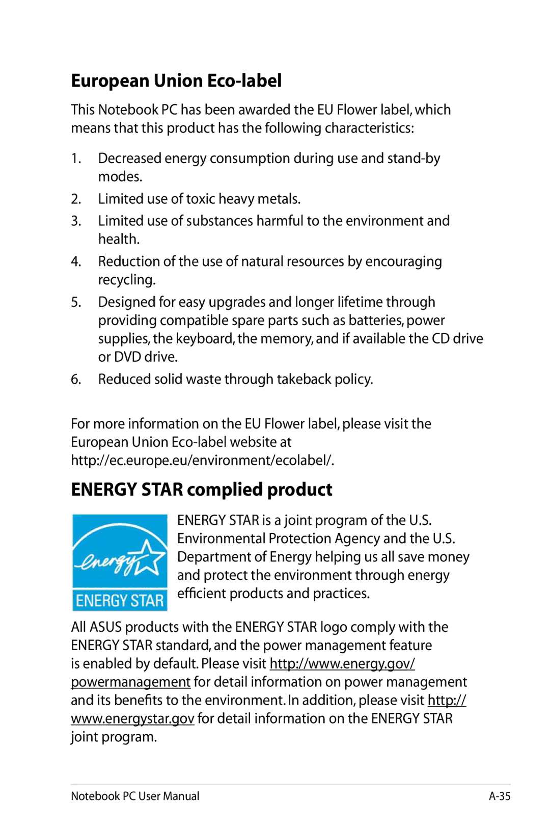 Asus X54CRB01, X54C-RB92 user manual European Union Eco-label, Energy Star complied product 