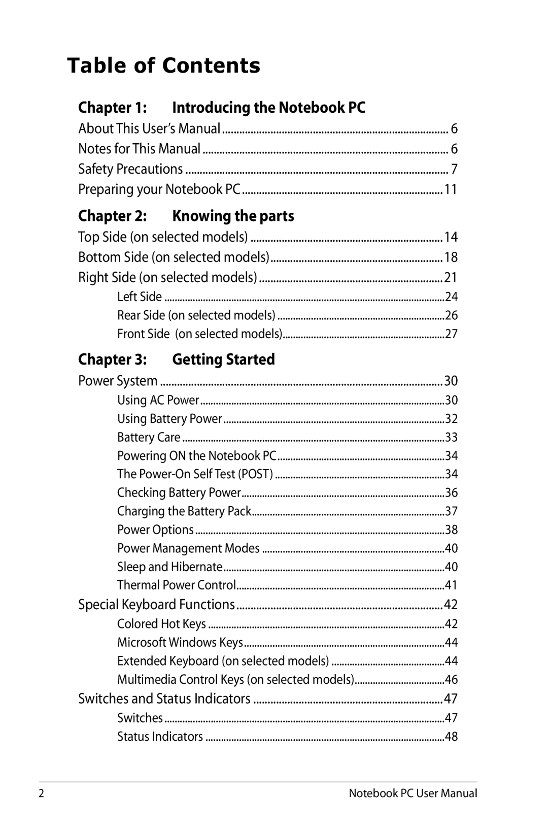 Asus X54CRB01, X54C-RB92 user manual Table of Contents 