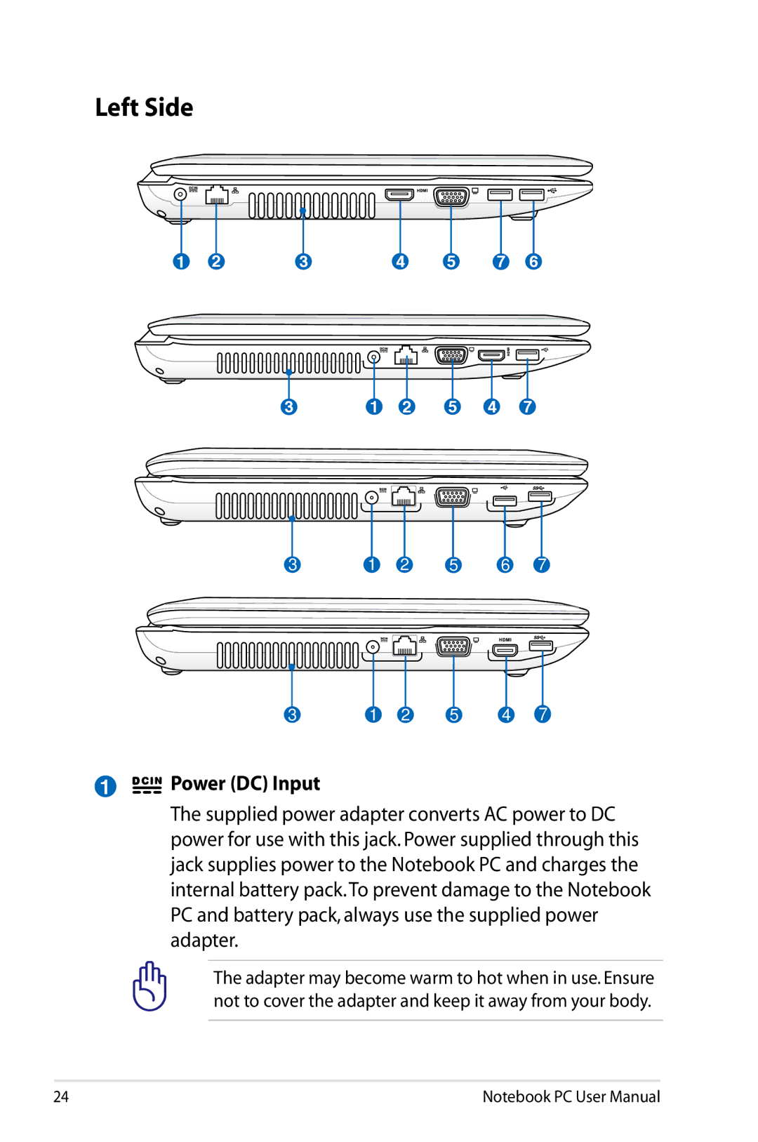 Asus X54CRB01, X54C-RB92 user manual Left Side, Power DC Input 