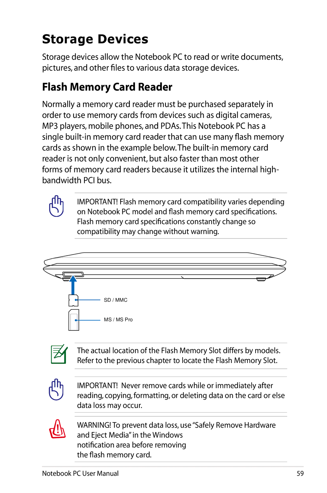 Asus X54CRB01, X54C-RB92 user manual Storage Devices, Flash Memory Card Reader 