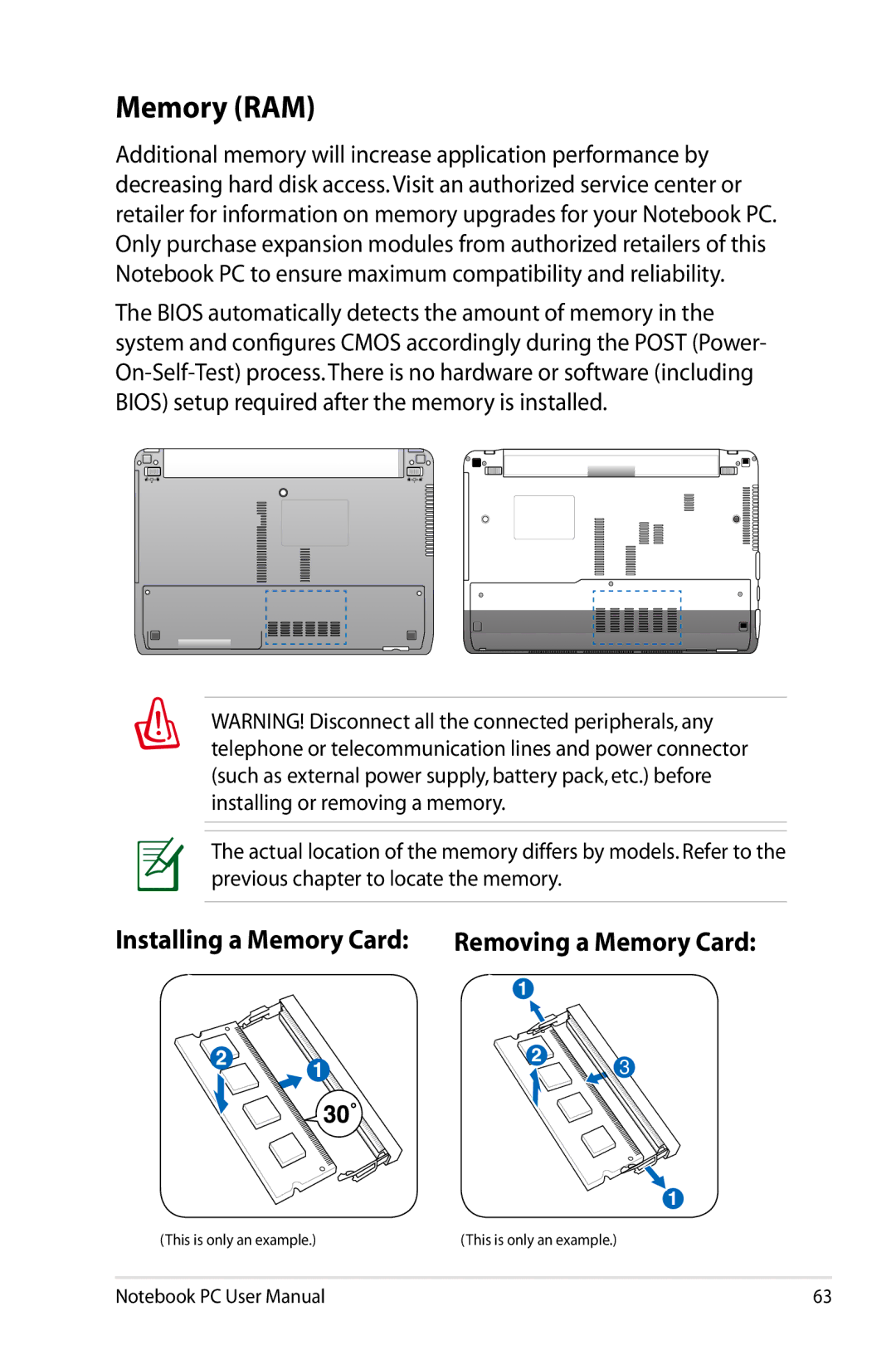 Asus X54CRB01, X54C-RB92 user manual Memory RAM, Installing a Memory Card Removing a Memory Card 