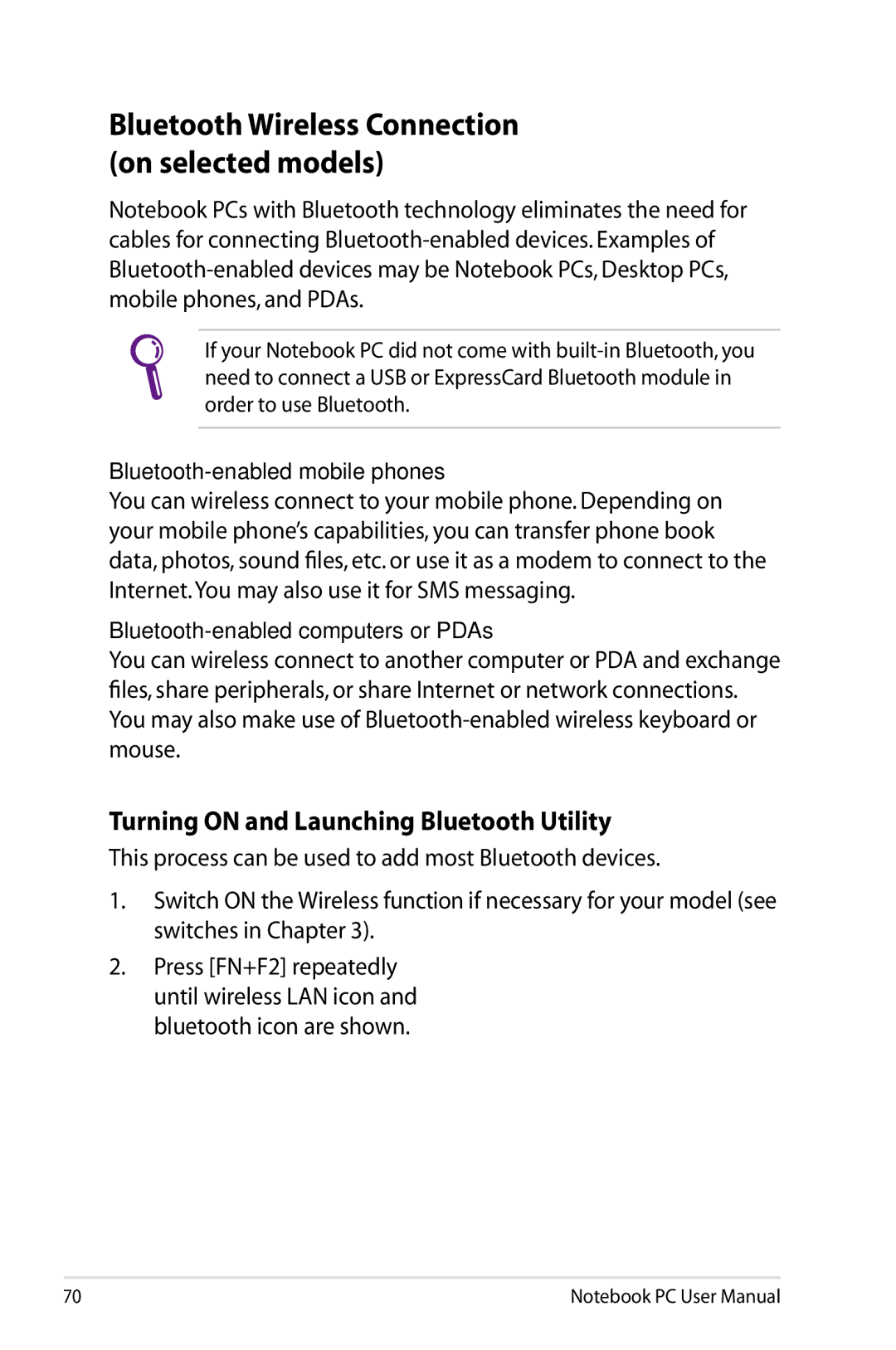 Asus X54C-RB92, X54CRB01 Bluetooth Wireless Connection on selected models, Turning on and Launching Bluetooth Utility 