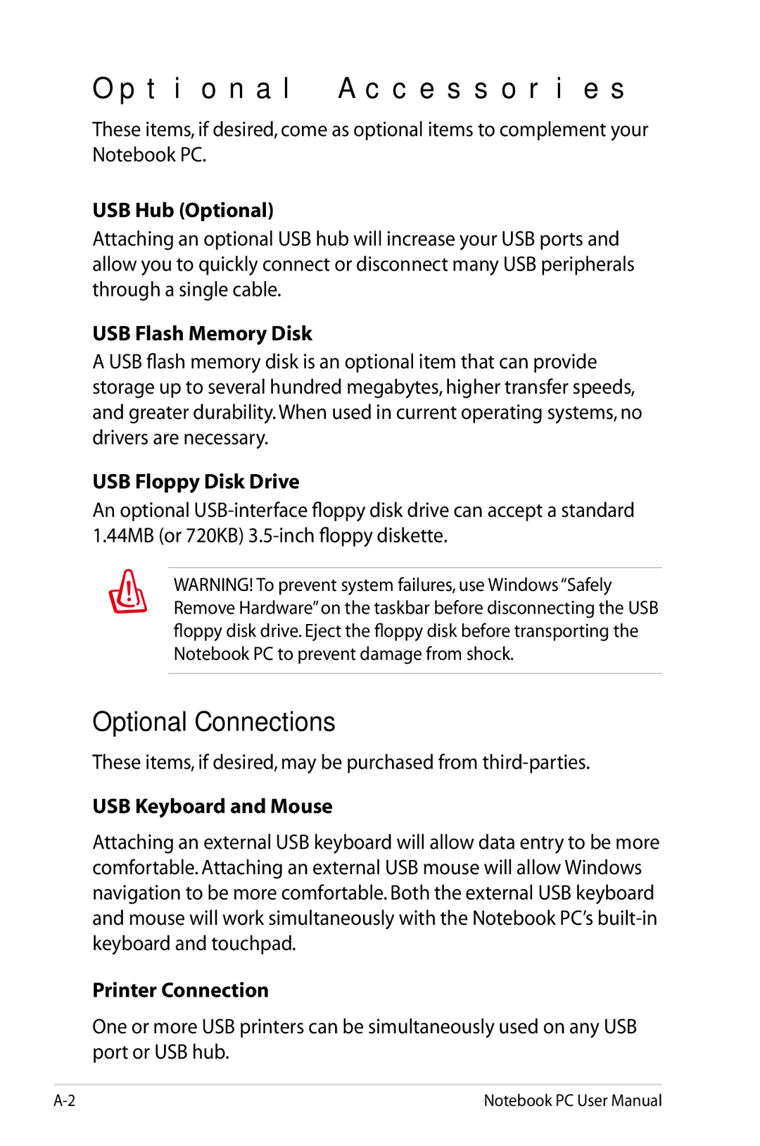 Asus X54CRB01, X54C-RB92 user manual Optional Accessories, Optional Connections 