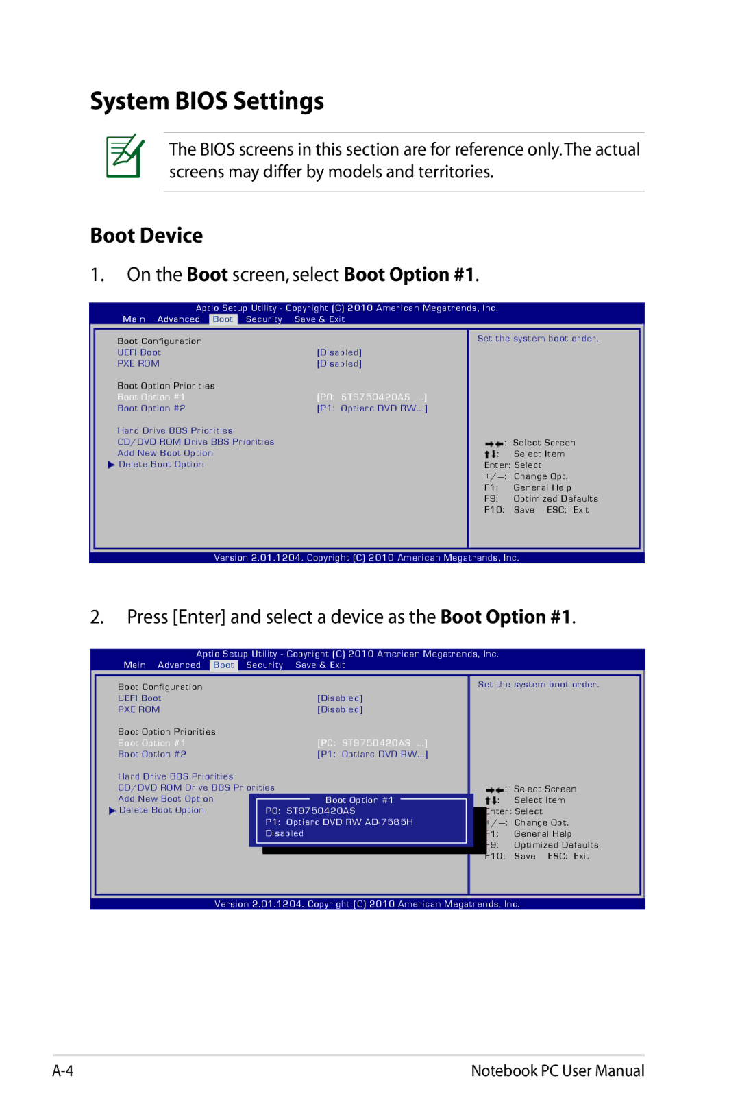 Asus X54C-RB92, X54CRB01 user manual System Bios Settings, Boot Device, On the Boot screen, select Boot Option #1 