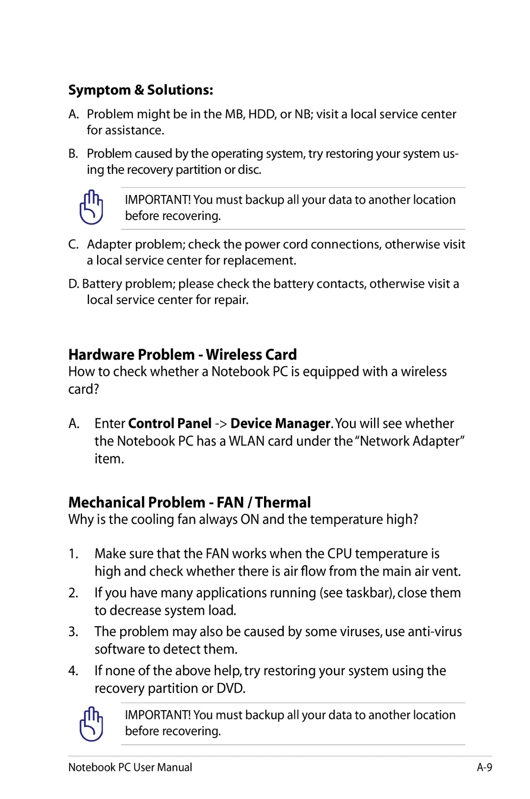 Asus X54CRB01, X54C-RB92 user manual Hardware Problem Wireless Card, Mechanical Problem FAN / Thermal, Symptom & Solutions 