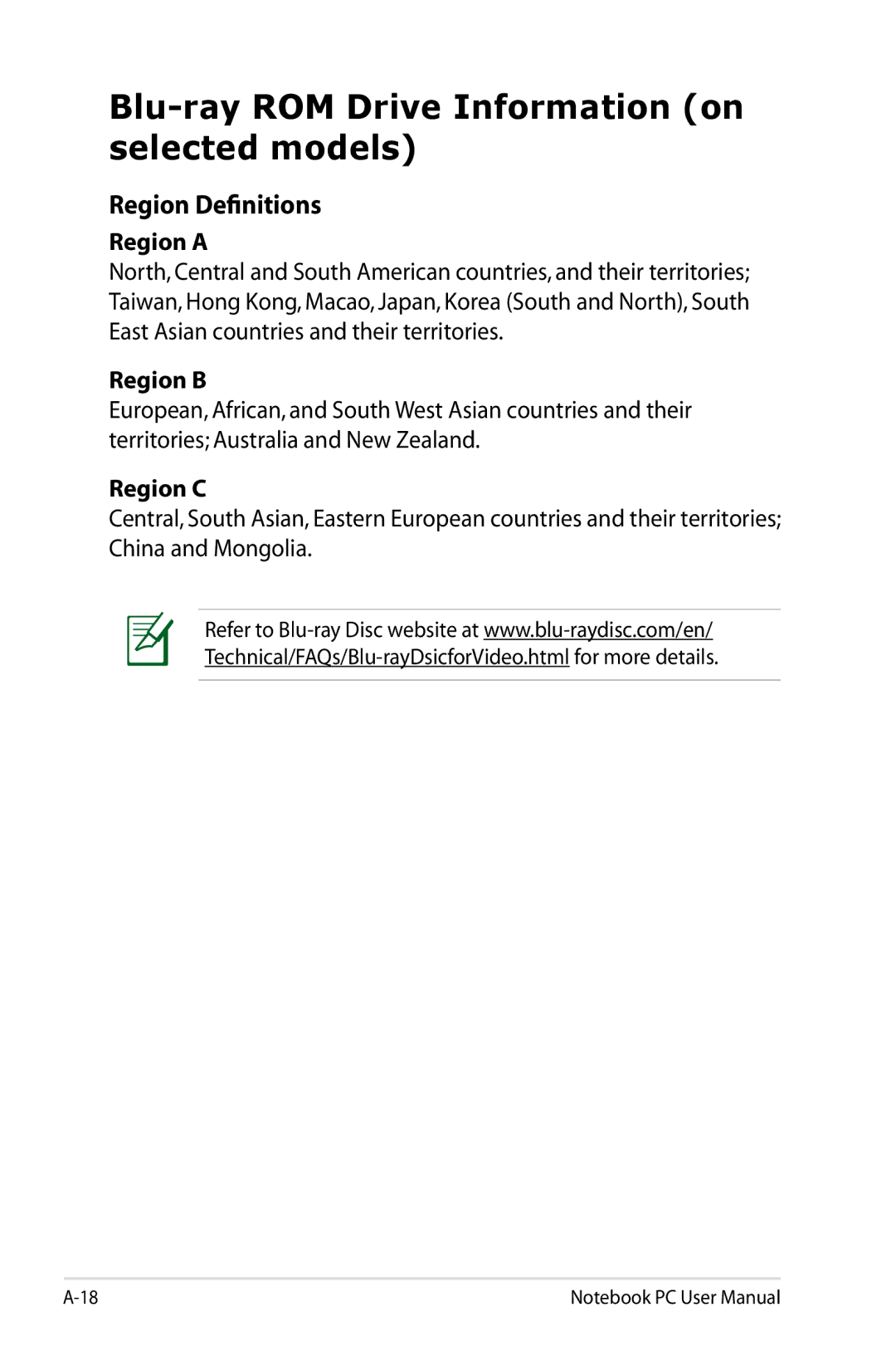 Asus X54CRB01, X54C-RB92 user manual Blu-ray ROM Drive Information on selected models, Region a, Region B, Region C 