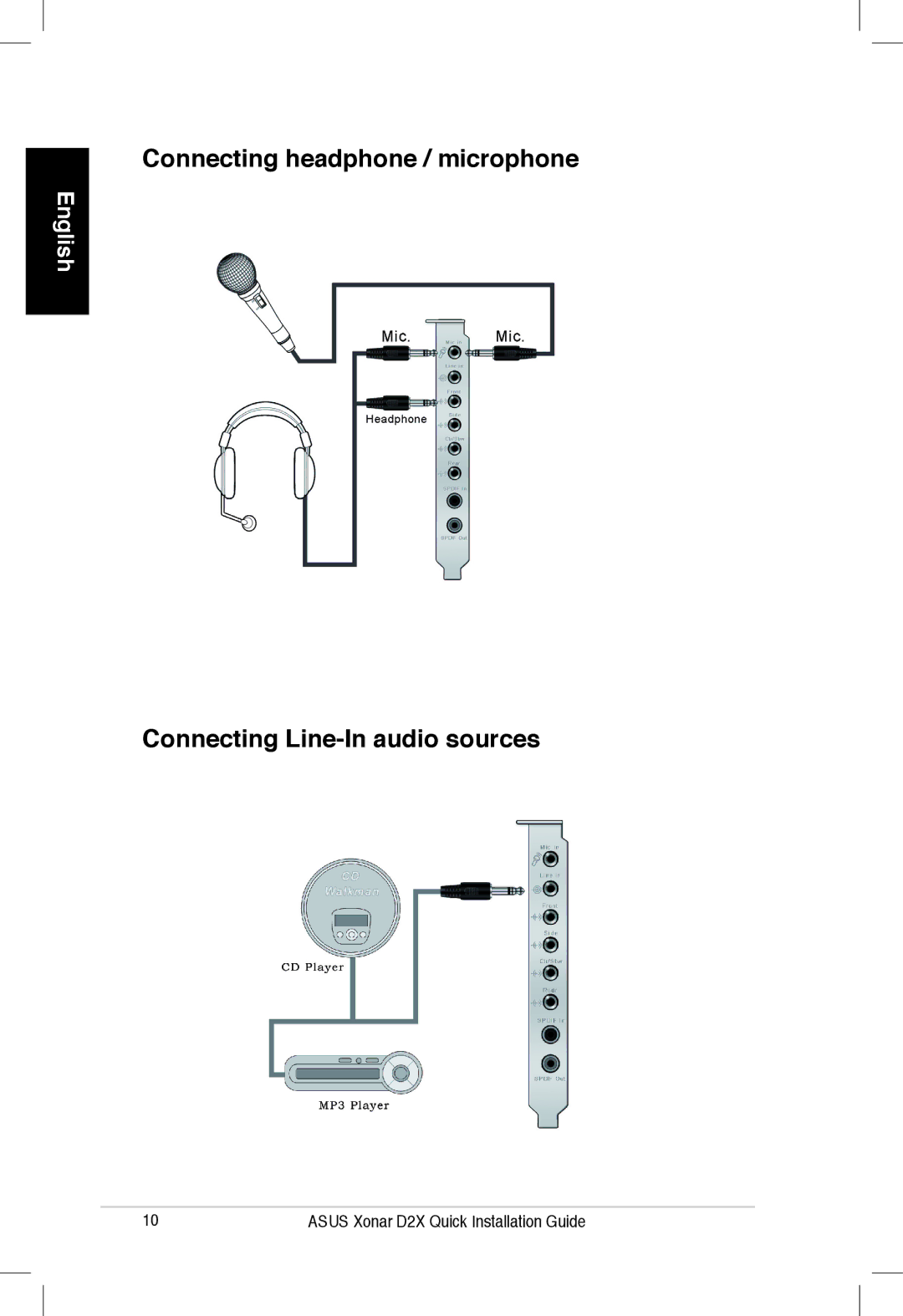 Asus Xonar D2X manual Connecting headphone / microphone, Connecting Line-In audio sources 