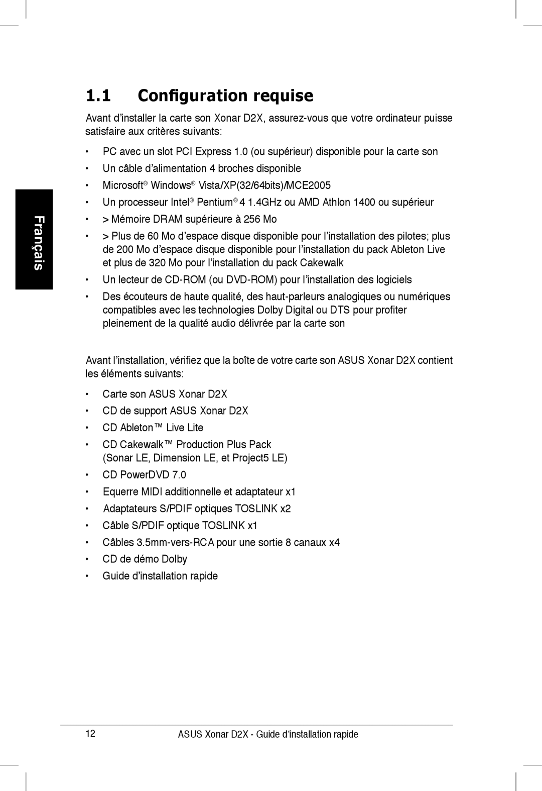 Asus Xonar D2X manual Configuration requise 