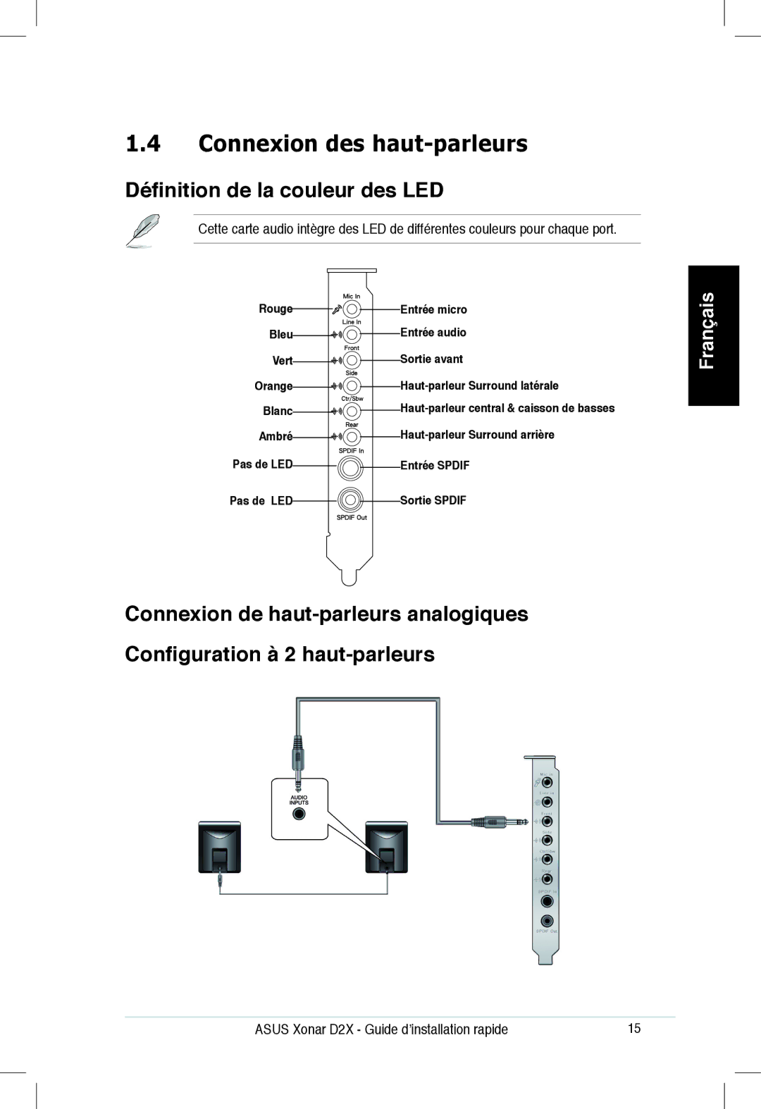 Asus Xonar D2X manual Connexion des haut-parleurs, Définition de la couleur des LED 