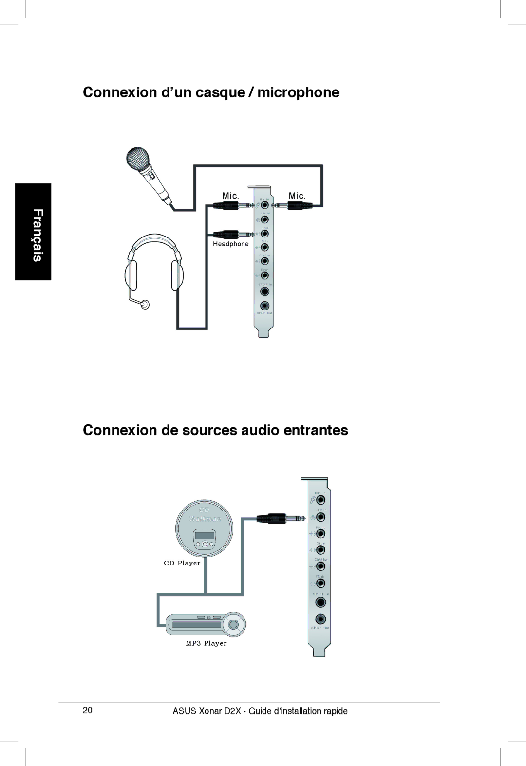 Asus Xonar D2X manual Connexion d’un casque / microphone, Connexion de sources audio entrantes 