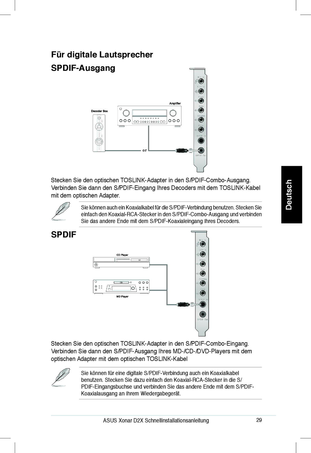 Asus Xonar D2X manual Für digitale Lautsprecher SPDIF-Ausgang, Spdif 