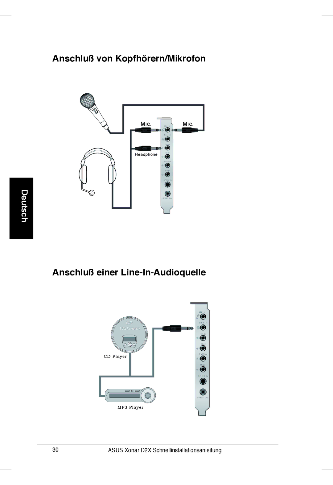 Asus Xonar D2X manual Anschluß von Kopfhörern/Mikrofon, Anschluß einer Line-In-Audioquelle 