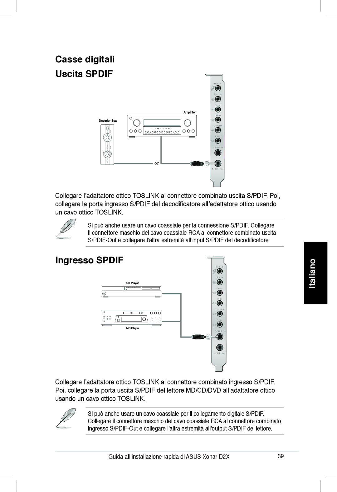 Asus Xonar D2X manual Casse digitali Uscita Spdif, Ingresso Spdif 