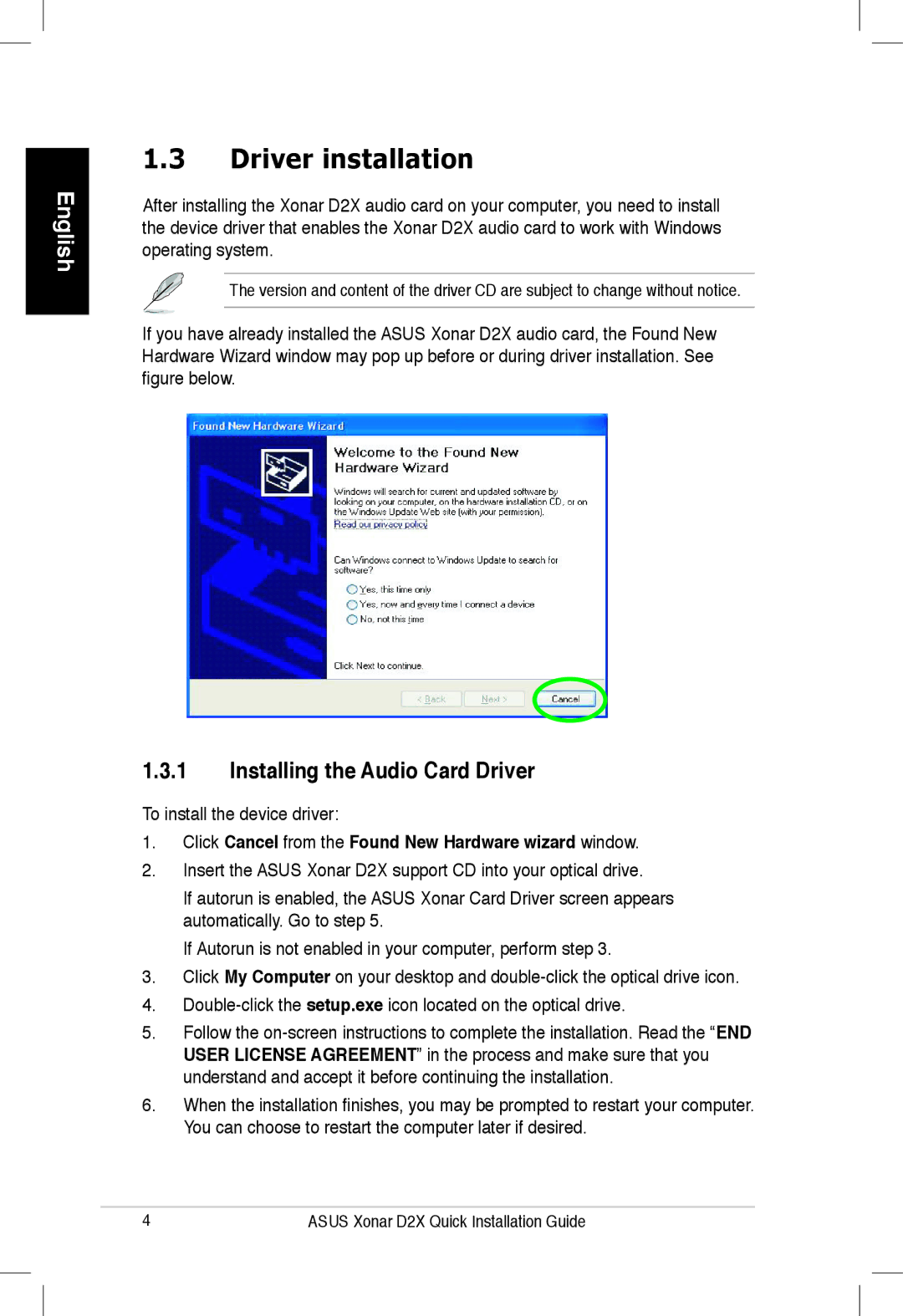 Asus Xonar D2X manual Driver installation, Installing the Audio Card Driver 