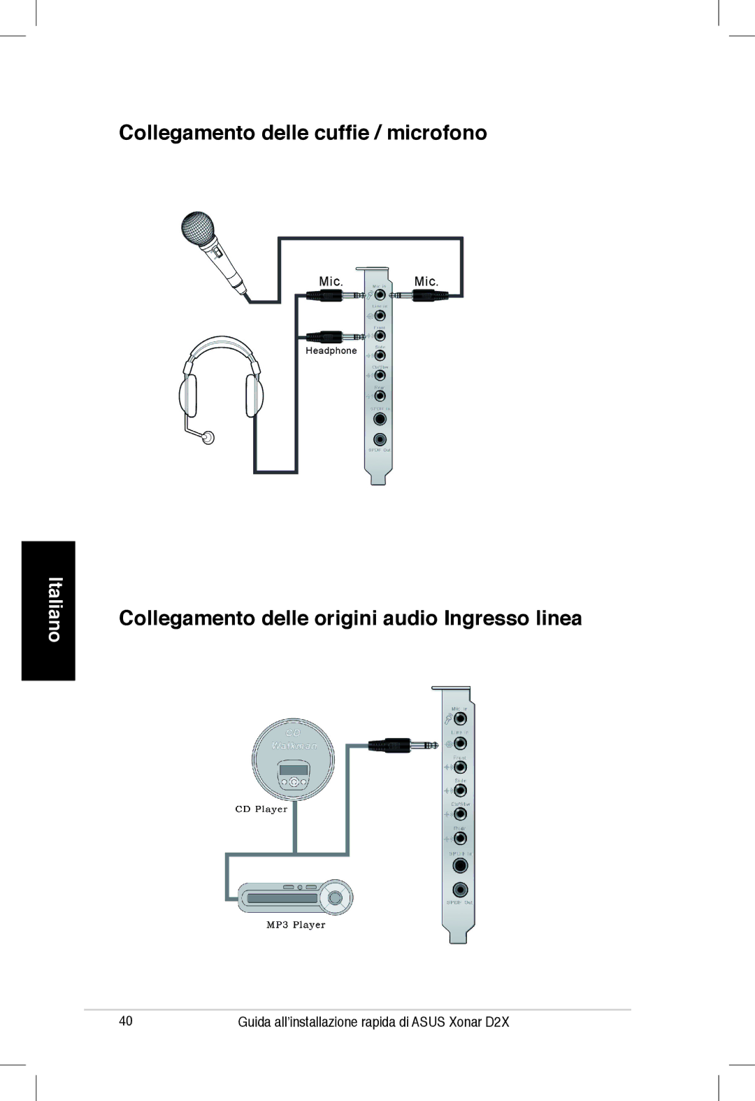 Asus Xonar D2X manual Collegamento delle cuffie / microfono, Collegamento delle origini audio Ingresso linea 