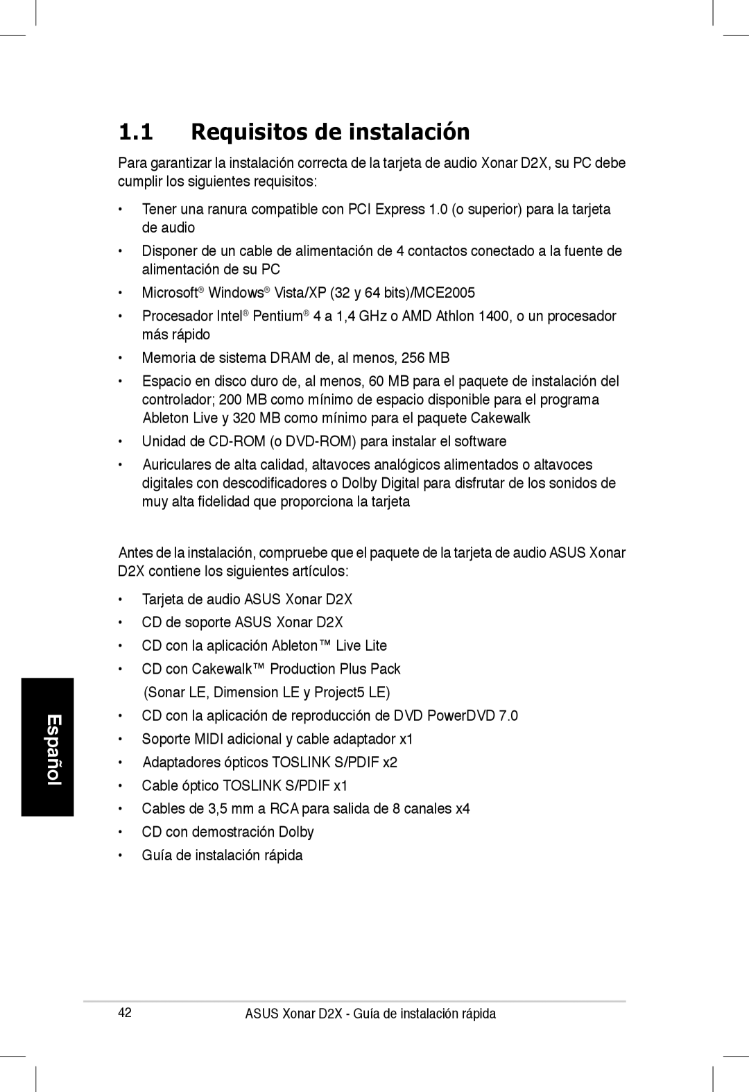 Asus Xonar D2X manual Requisitos de instalación, Unidad de CD-ROM o DVD-ROM para instalar el software 