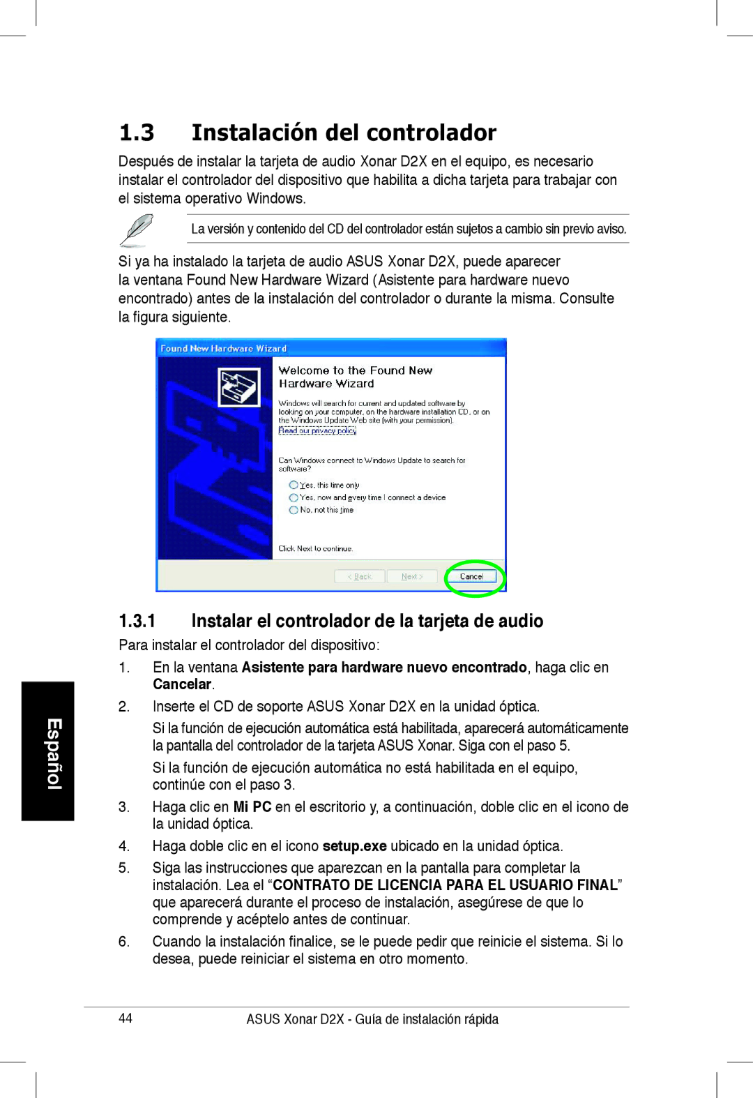 Asus Xonar D2X manual Instalación del controlador, Instalar el controlador de la tarjeta de audio 