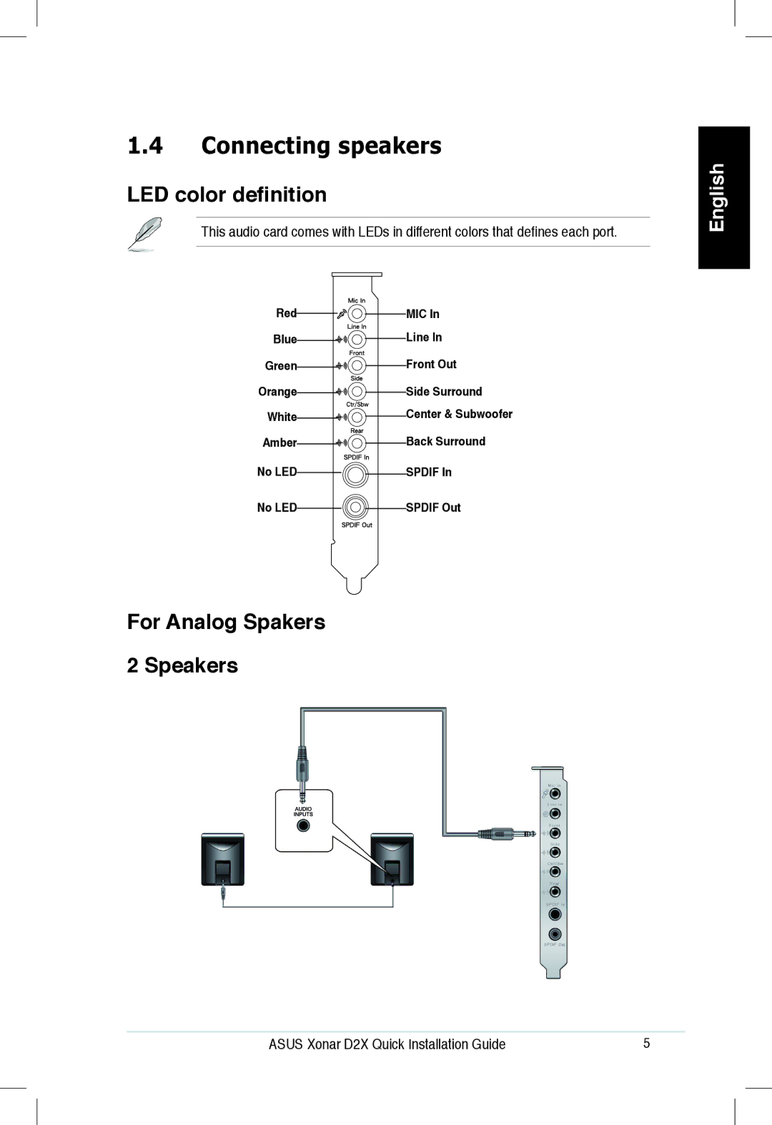 Asus Xonar D2X manual Connecting speakers, LED color definition, For Analog Spakers Speakers 