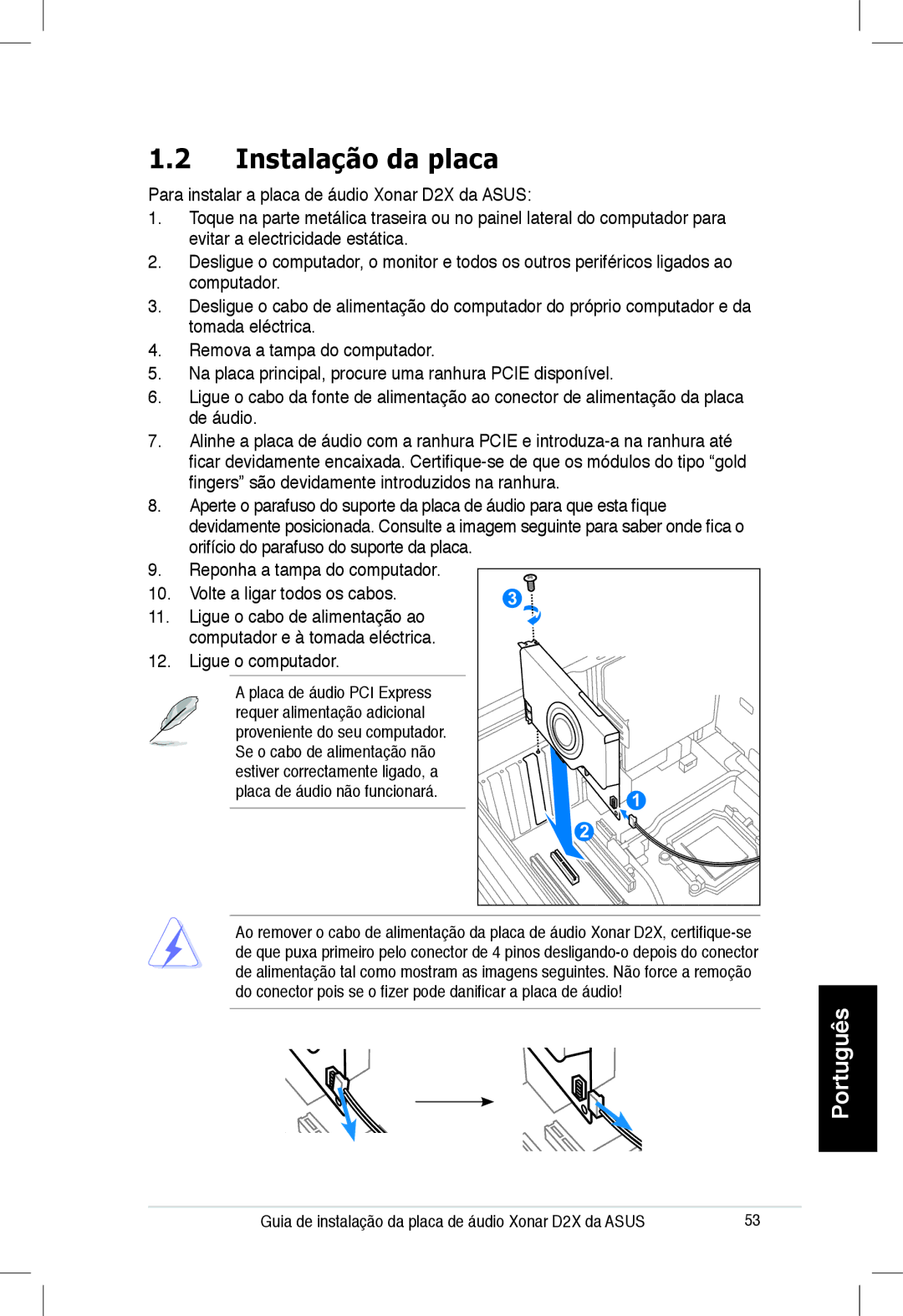 Asus Xonar D2X manual Instalação da placa 