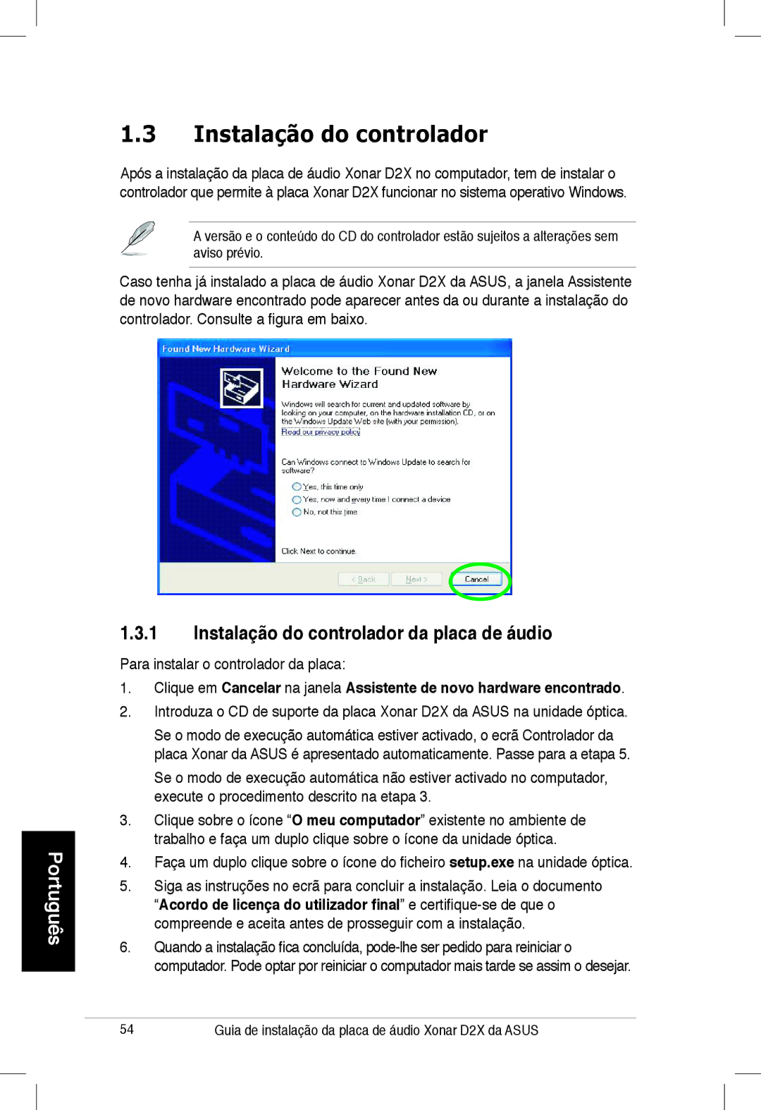 Asus Xonar D2X manual Instalação do controlador da placa de áudio 