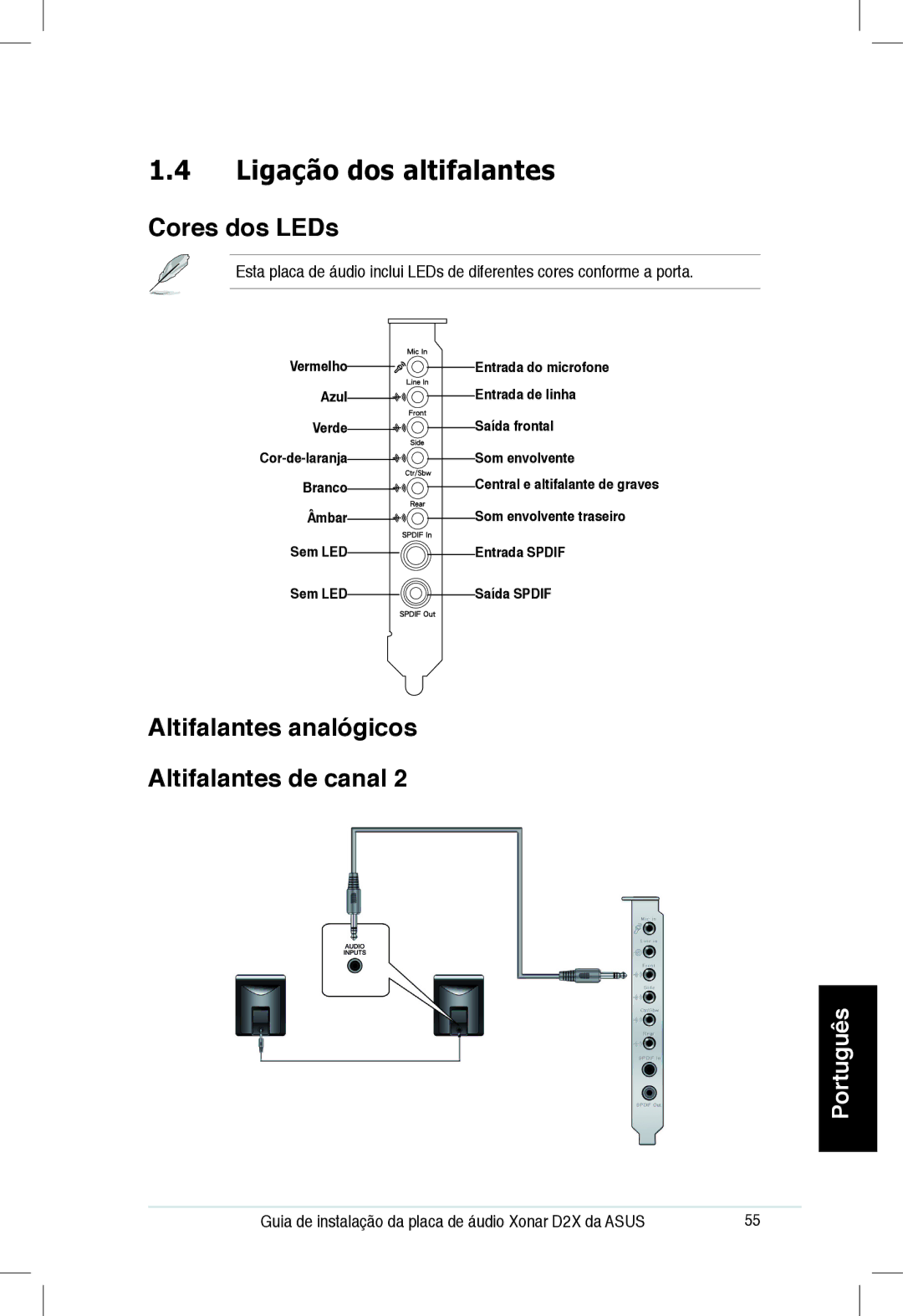 Asus Xonar D2X manual Ligação dos altifalantes, Cores dos LEDs, Altifalantes analógicos Altifalantes de canal 