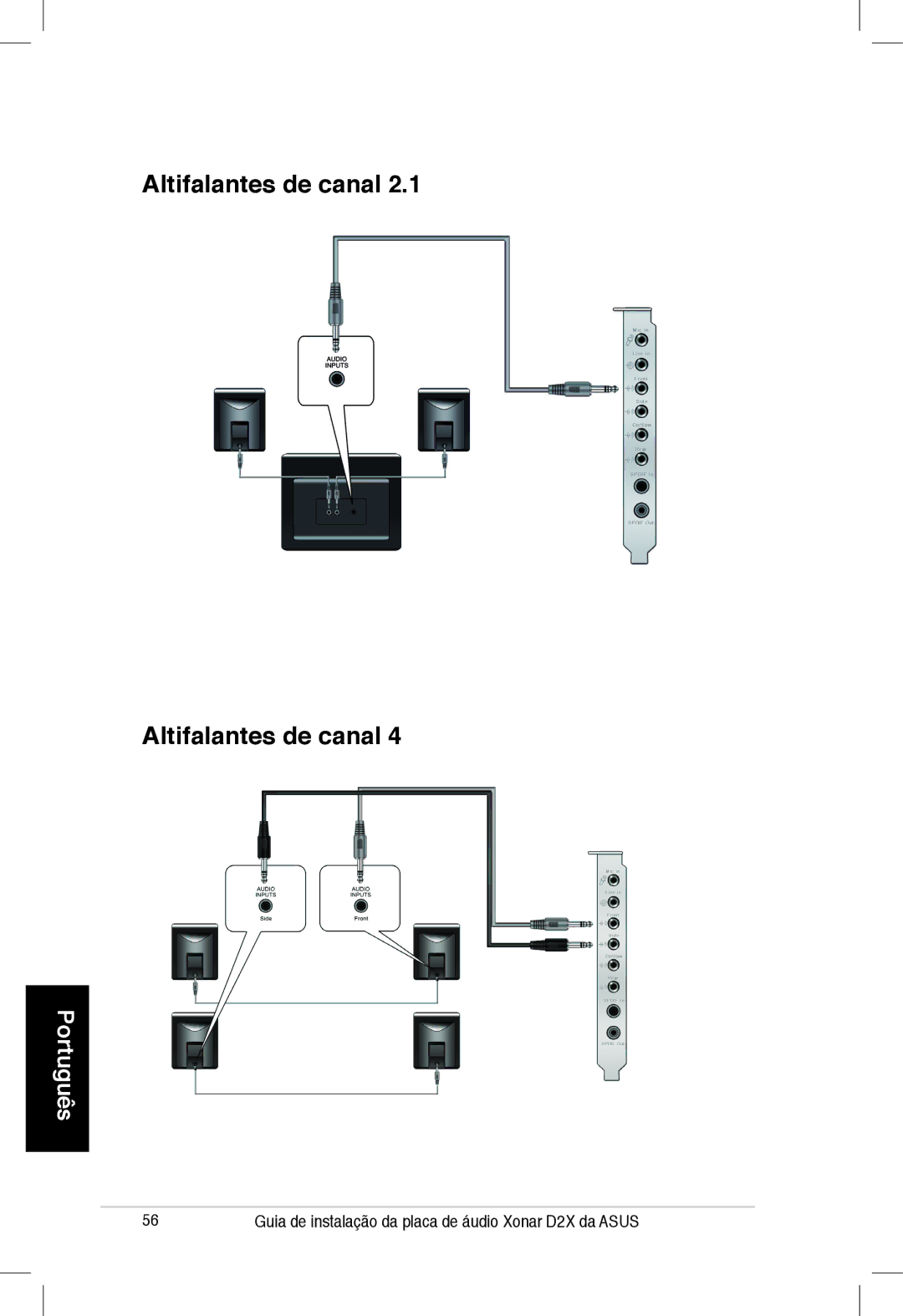 Asus Xonar D2X manual Altifalantes de canal Altifalantes de canal 4 Português 