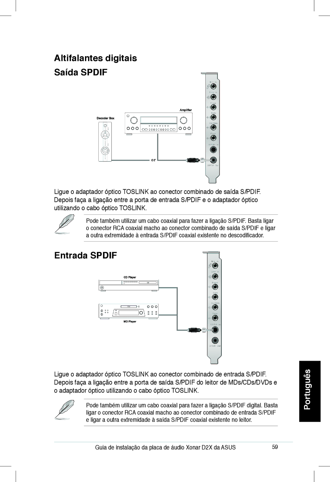 Asus Xonar D2X manual Altifalantes digitais Saída Spdif, Entrada Spdif 