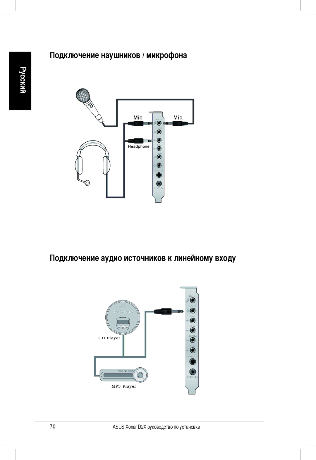 Asus Xonar D2X manual Подключение наушников / микрофона, Подключение аудио источников к линейному входу 