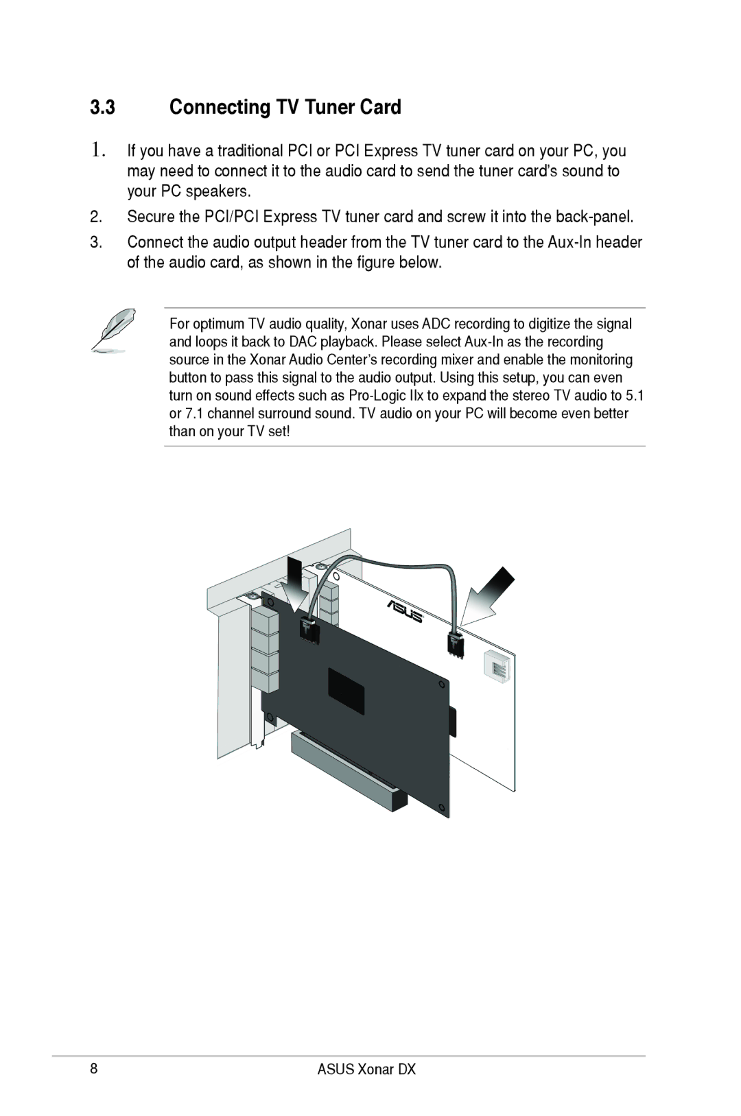 Asus XONARH6, Xonar DX user manual Connecting TV Tuner Card 