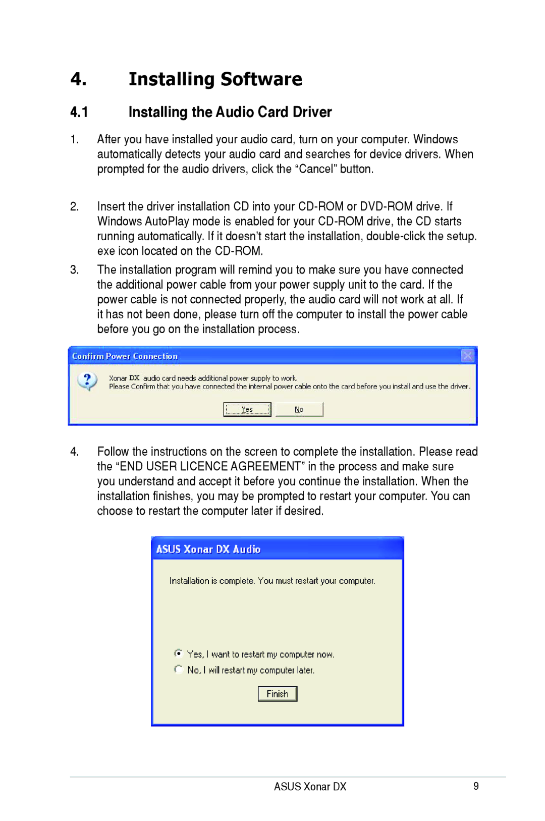 Asus Xonar DX, XONARH6 user manual Installing Software, Installing the Audio Card Driver 