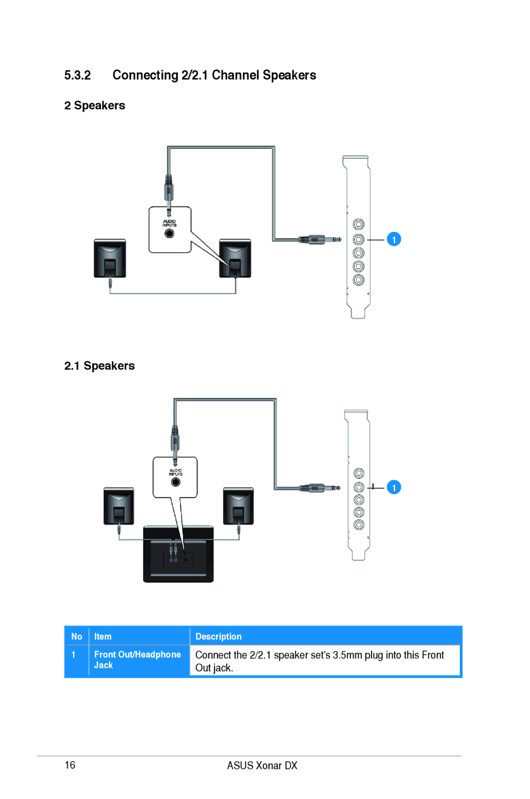 Asus XONARH6, Xonar DX user manual Connecting 2/2.1 Channel Speakers 