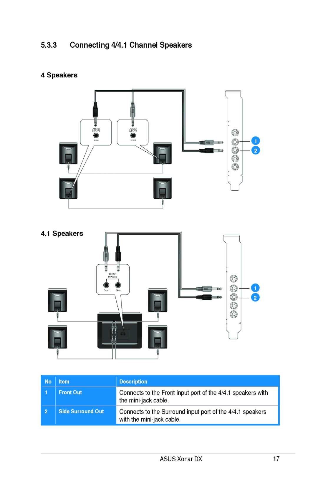 Asus Xonar DX, XONARH6 user manual Connecting 4/4.1 Channel Speakers, Mini-jack cable 