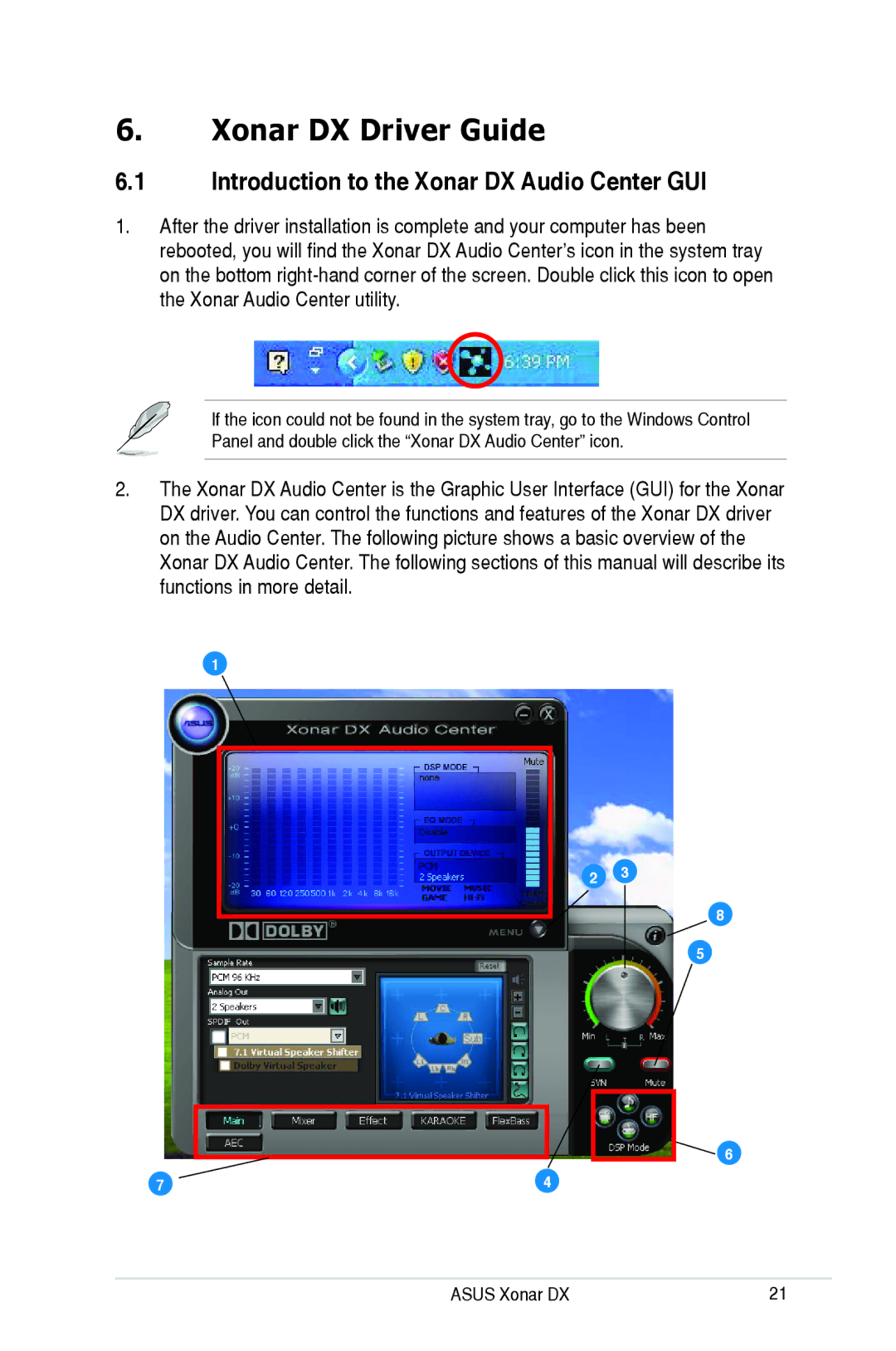 Asus XONARH6 user manual Xonar DX Driver Guide, Introduction to the Xonar DX Audio Center GUI 