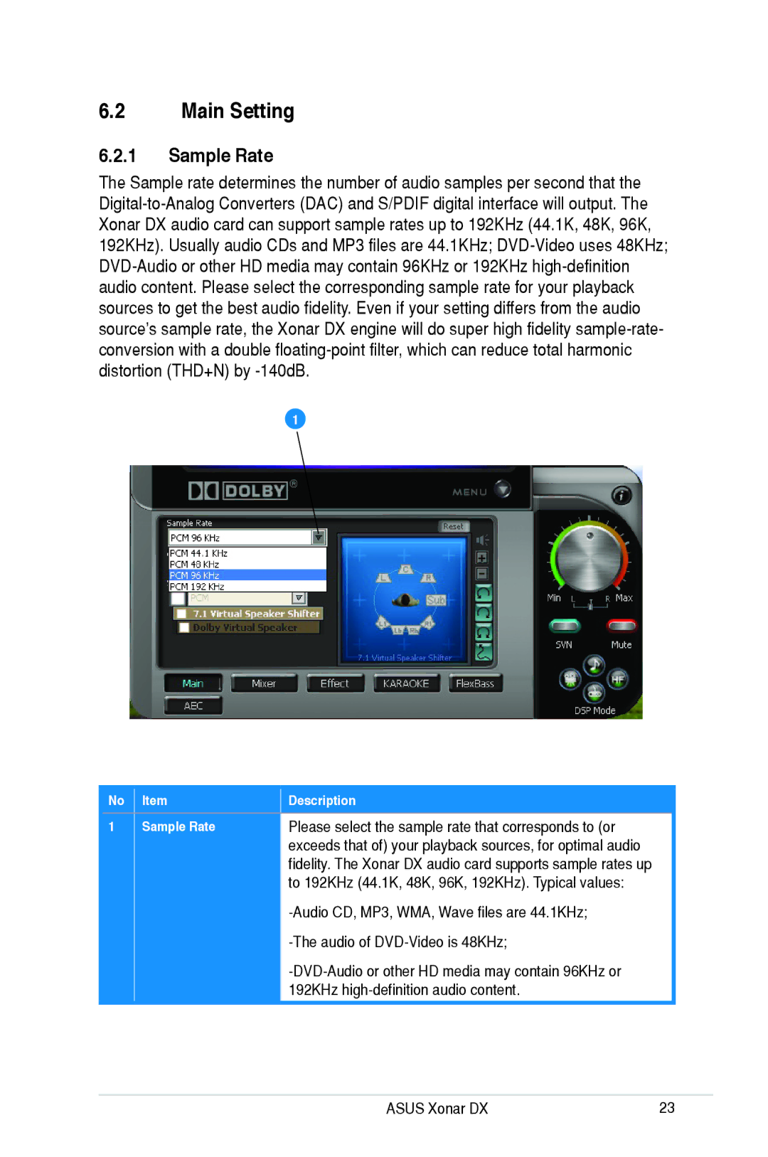 Asus Xonar DX, XONARH6 user manual Main Setting, Sample Rate 