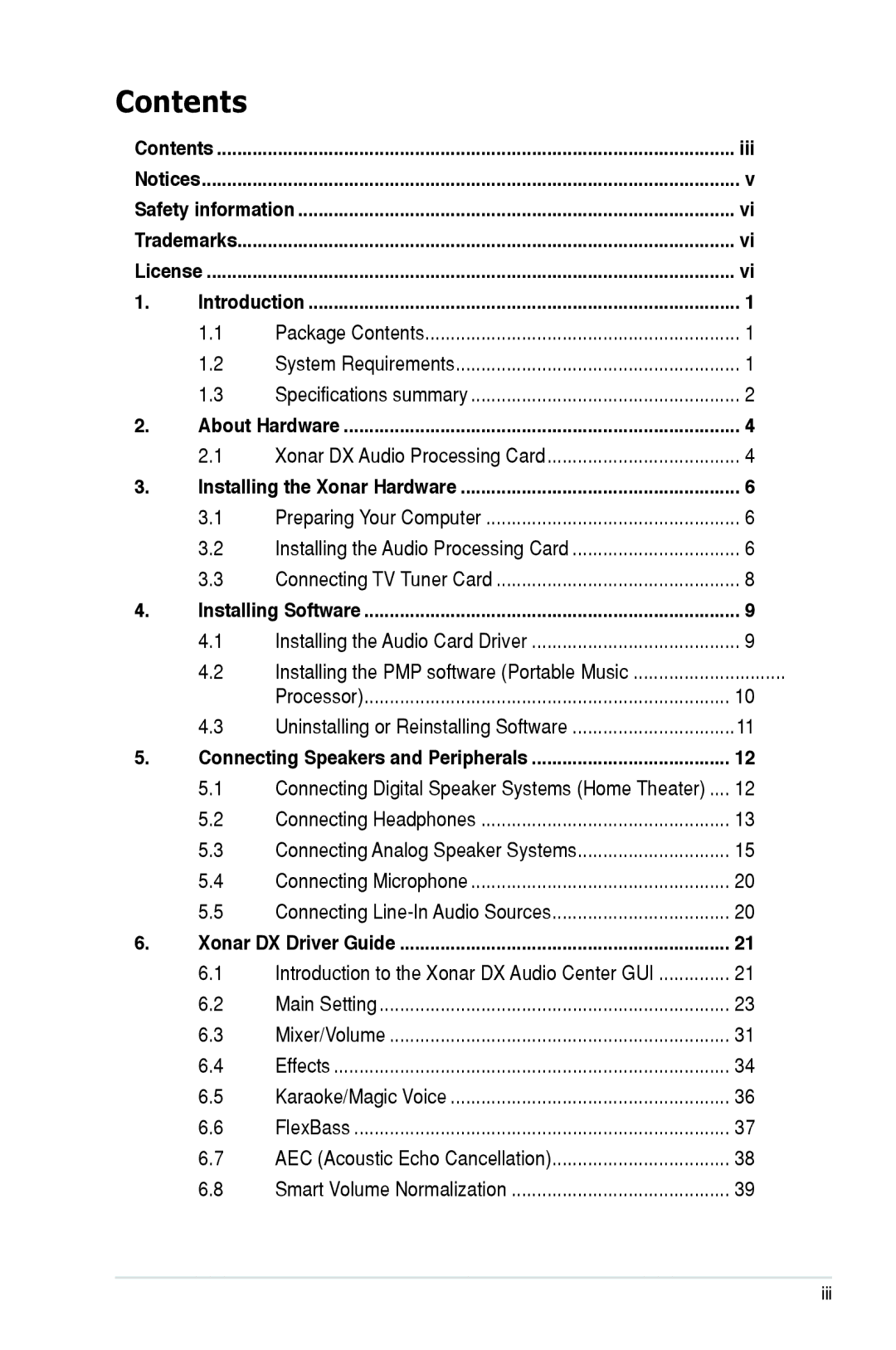 Asus Xonar DX, XONARH6 user manual Contents 