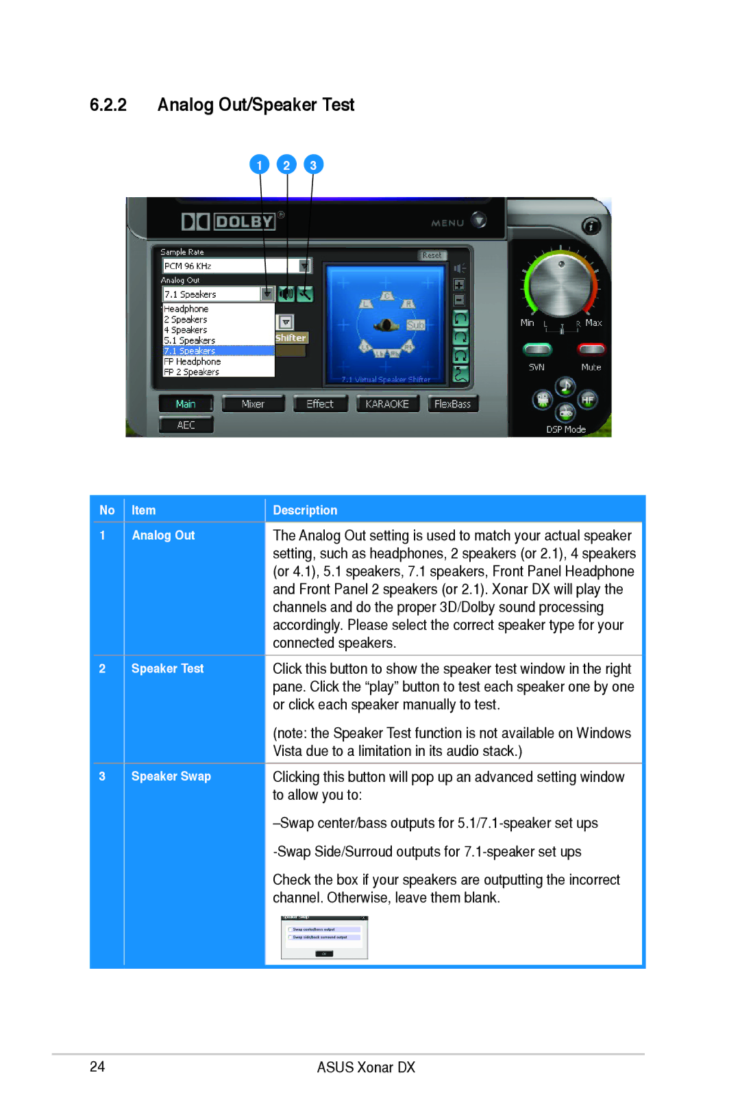 Asus XONARH6, Xonar DX user manual Analog Out/Speaker Test, Connected speakers, Speaker Swap 