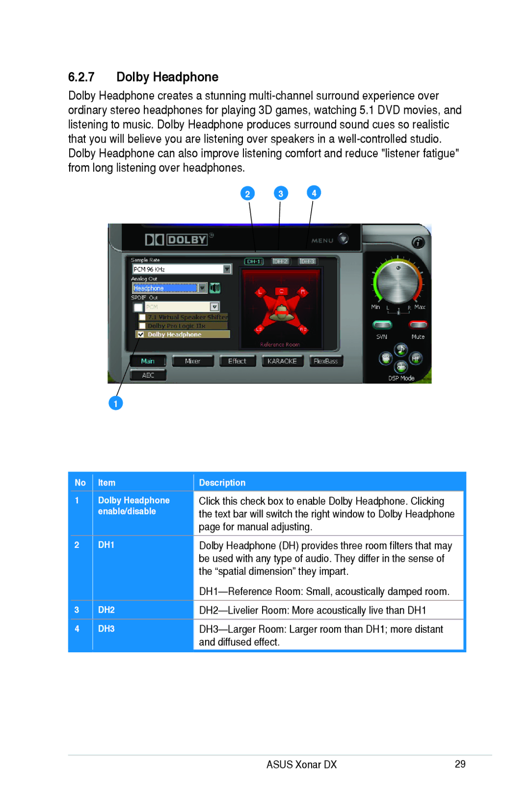 Asus Xonar DX, XONARH6 user manual Dolby Headphone, For manual adjusting, Spatial dimension they impart, Diffused effect 