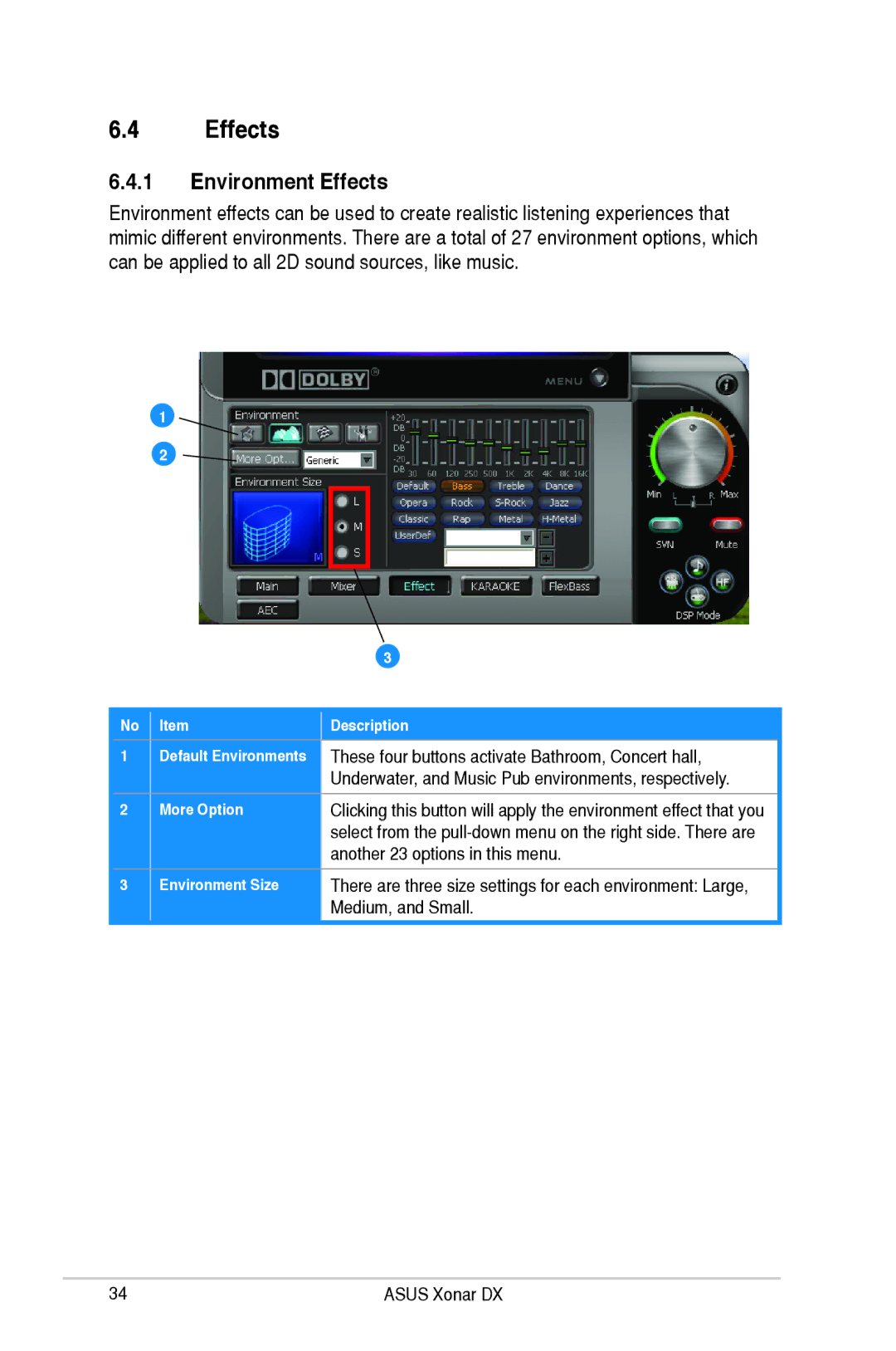 Asus XONARH6, Xonar DX user manual Environment Effects, More Option, Environment Size 