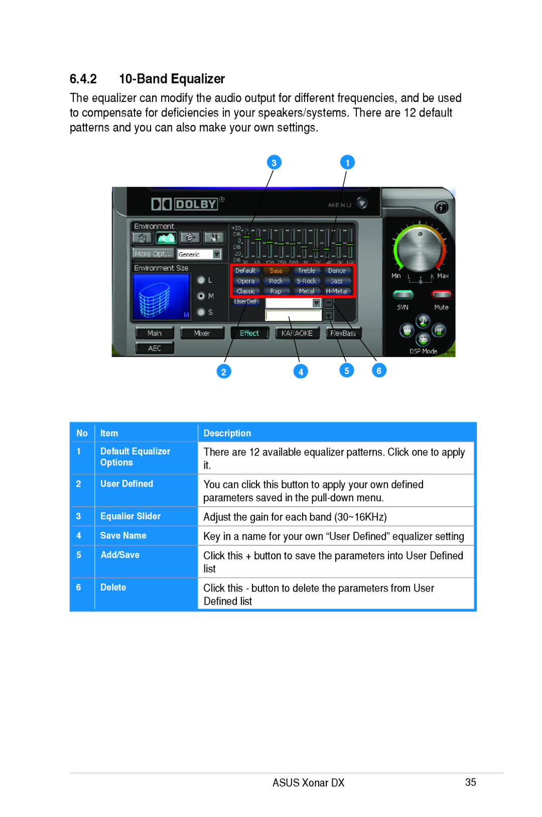 Asus Xonar DX, XONARH6 user manual 2 10-Band Equalizer, You can click this button to apply your own defined, List 