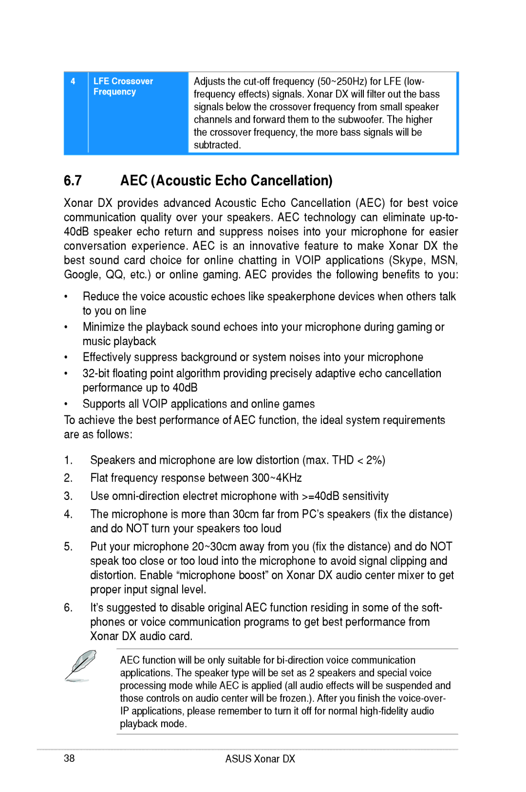 Asus XONARH6, Xonar DX user manual AEC Acoustic Echo Cancellation 