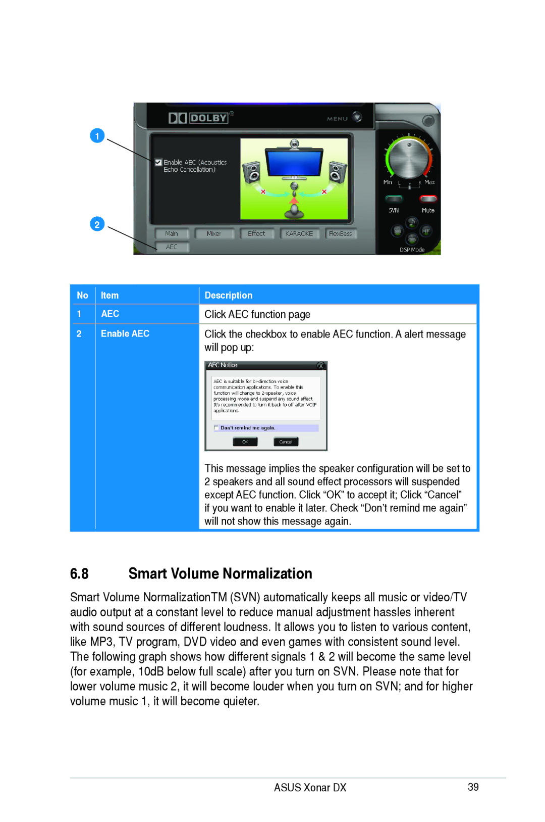 Asus Xonar DX, XONARH6 user manual Smart Volume Normalization, Click AEC function, Will pop up 