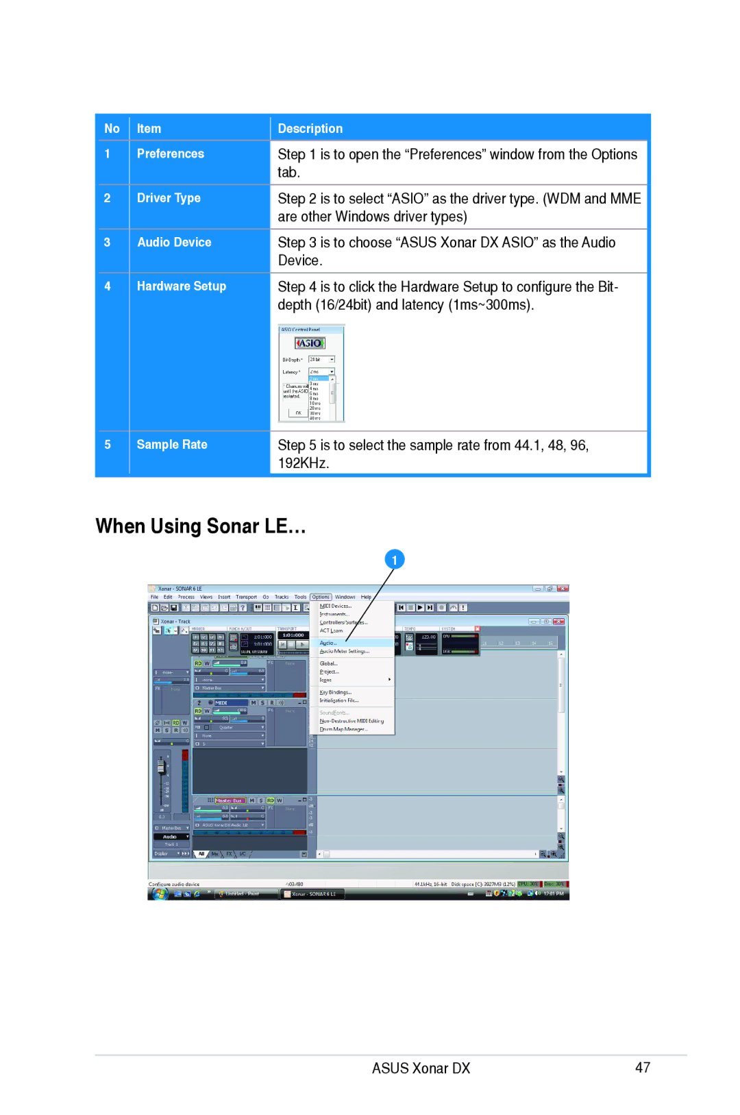 Asus Xonar DX When Using Sonar LE…, Tab, Are other Windows driver types, Device, Depth 16/24bit and latency 1ms~300ms 