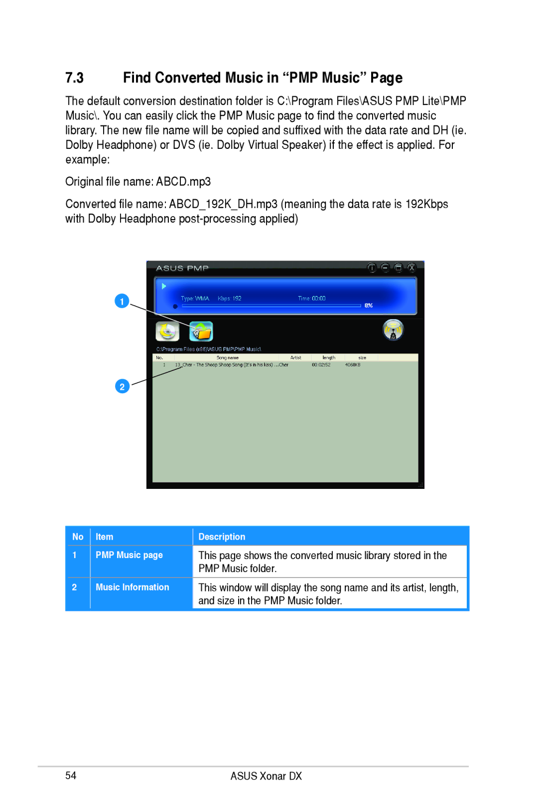 Asus XONARH6, Xonar DX user manual Find Converted Music in PMP Music, Description PMP Music, Music Information 