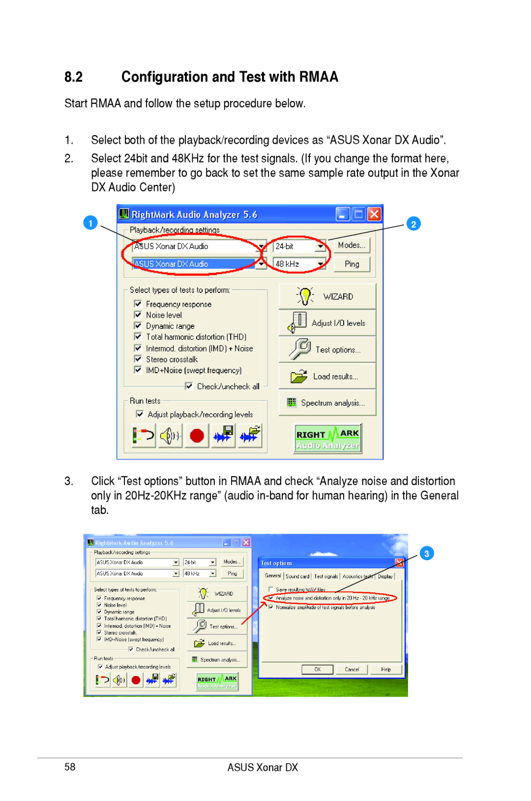 Asus XONARH6, Xonar DX user manual Configuration and Test with Rmaa 