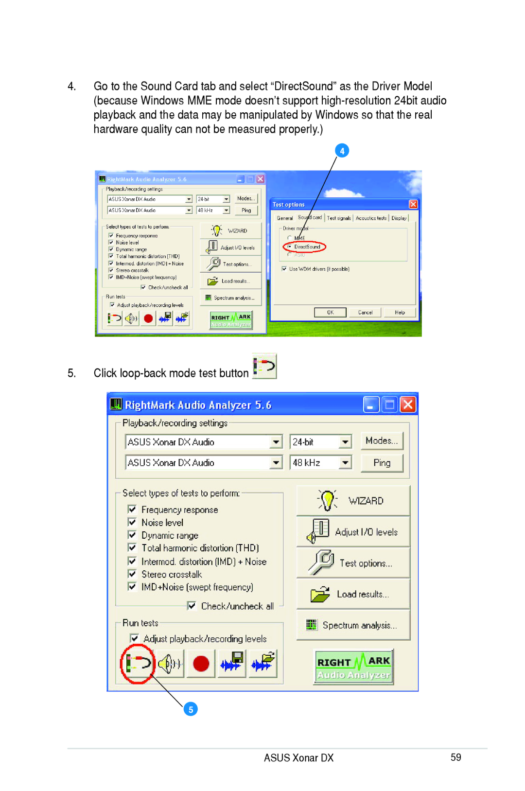 Asus Xonar DX, XONARH6 user manual Click loop-back mode test button 