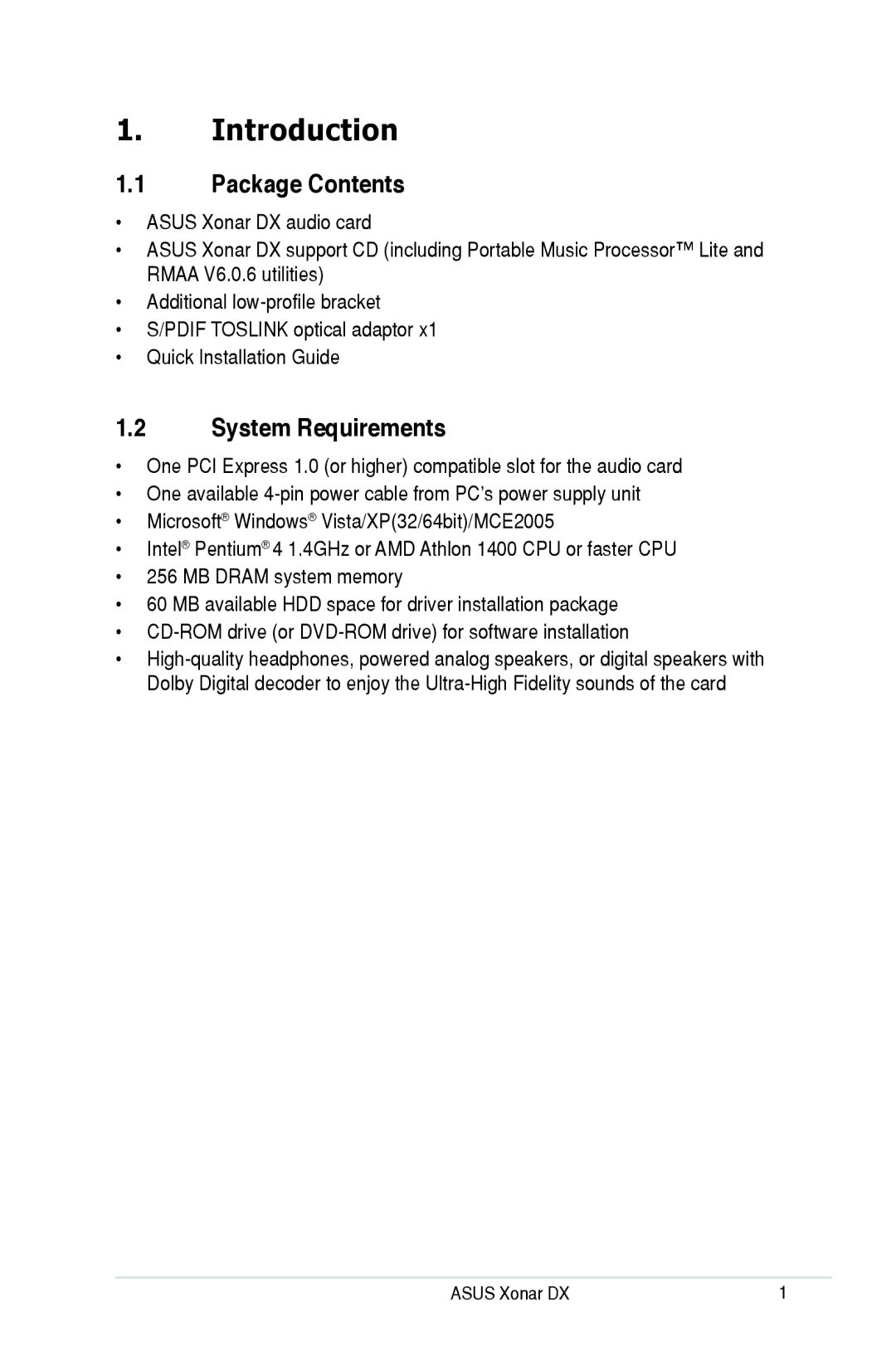 Asus Xonar DX, XONARH6 user manual Introduction, Package Contents, System Requirements 